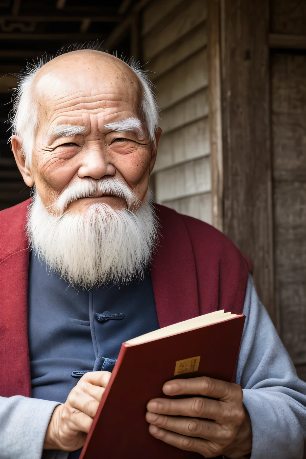 An old man with traditional Chinese thinking，Real frontal photos，Authentic background，The background is nature，Holding a book，worn-out clothing，Face full of wrinkles，80-year-old man，Wise eyes，The beard is white，male people，country style