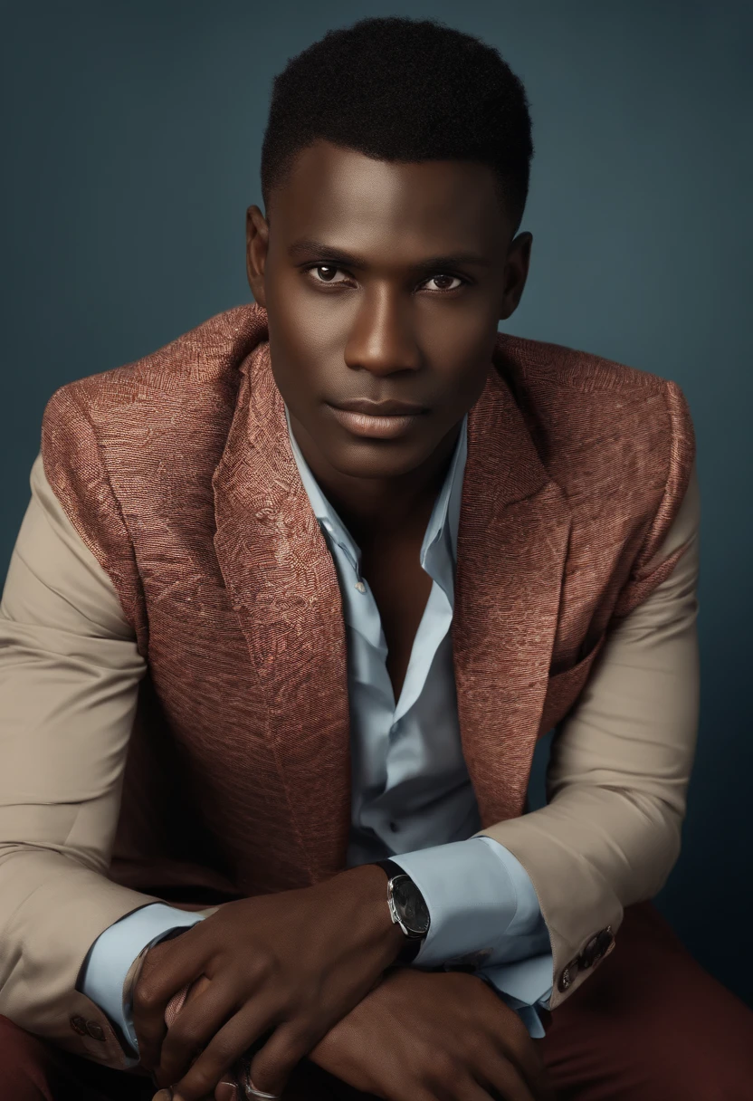 Homme africain, cinquantaine, petits yeux, Slight smile, cheveux gris, costume, devant ordinateur, image commerciale, Realstic, photo HD, high resolucion, costume, chemise, cravate, bureau, ordinateurs, costume noir, chemise bleue, cravate, rouge, cravate motifs africains, mains sur bureau, elderly;