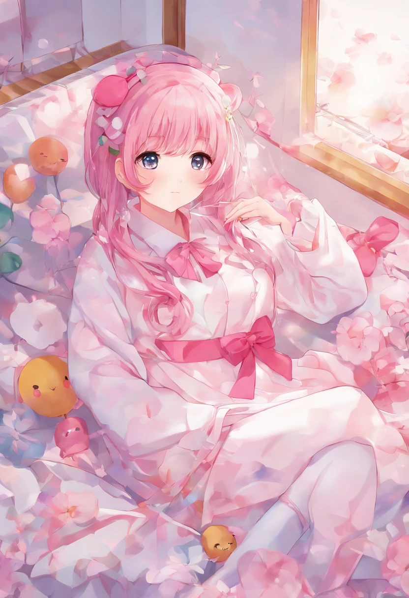 beautiful illustrations, highest quality, (12 year old girl:1.4)、(pretty girl:1.5)、、flat chest、sailor collar、(White long tunic)、long sleeve sailor suit、Blue-line cuffs、(pink culotte shorts:1.4)、(Pink shorts with wide openings:1.2)、Gap between thighs and shorts、slim thighs、white socks、 cinematic lighting, (pink long hair)、pink straight hair、redness of cheeks、(Braiding of the back of the head)