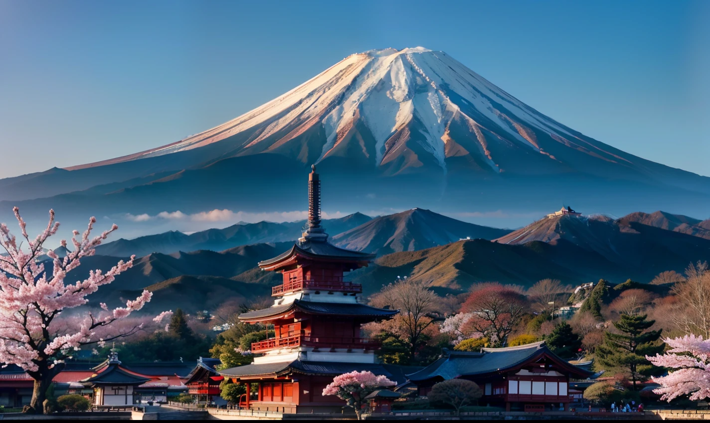 arafed view of a pagoda and a mountain with cherry blossoms, japan travel and tourism, japan sightseeing, mount fuji in the background, japan deeper travel exploration, japan nature, japan mountains, japanese city, japanese temples, japan travel and adventure, mount fuji, japanese landscape, mount fuji background, aomori japan, japan travel aesthetic, mount fuji on the background