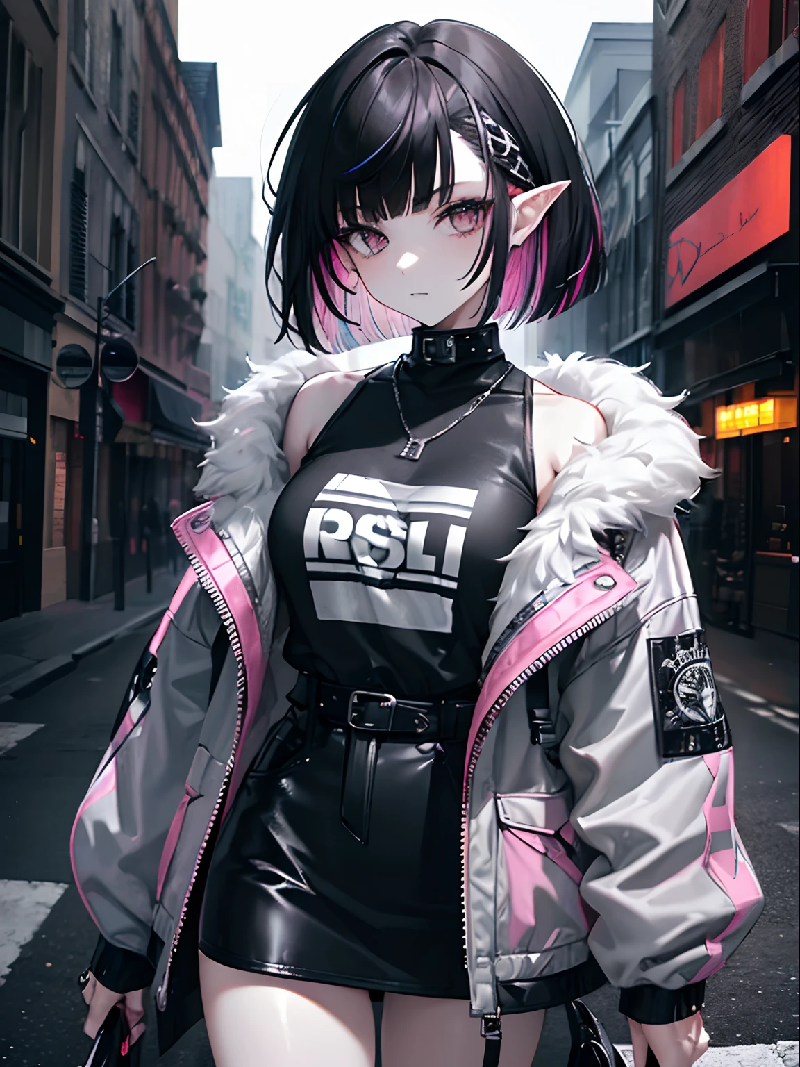 (masterpiece,best quality,ultra-detailed),1girl,messy hairstyle,thick hair,short hair,bob cut, (multicolored hair,grey and black hair),aesthetic hairstyle,pointy ears,(pale skin),pink outfit, beautiful and detailed face, detailed eyes, jacket,fur coat,punk fashion,night,fog,looking at viewer,small chest,((grey theme)),((rock punk theme)),street, cowboy shot,front