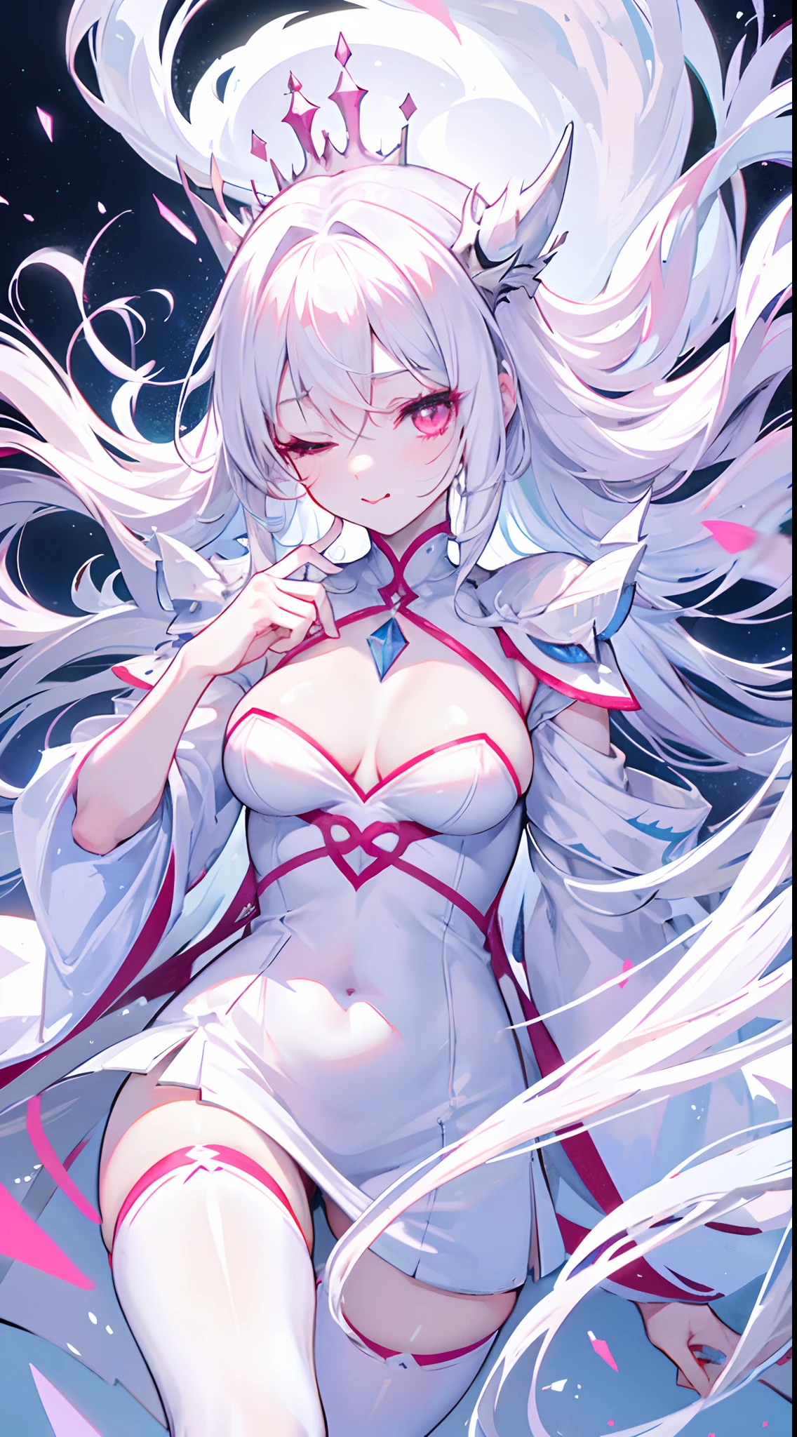 Long snow-white hair,Pink eyes,White tights covering the neck,Stick out your tongue,Protruding chest,Be red in the face,Grimacing,One eye closed,With an ice crystal crown,Surrounded by cute ghosts floating around,