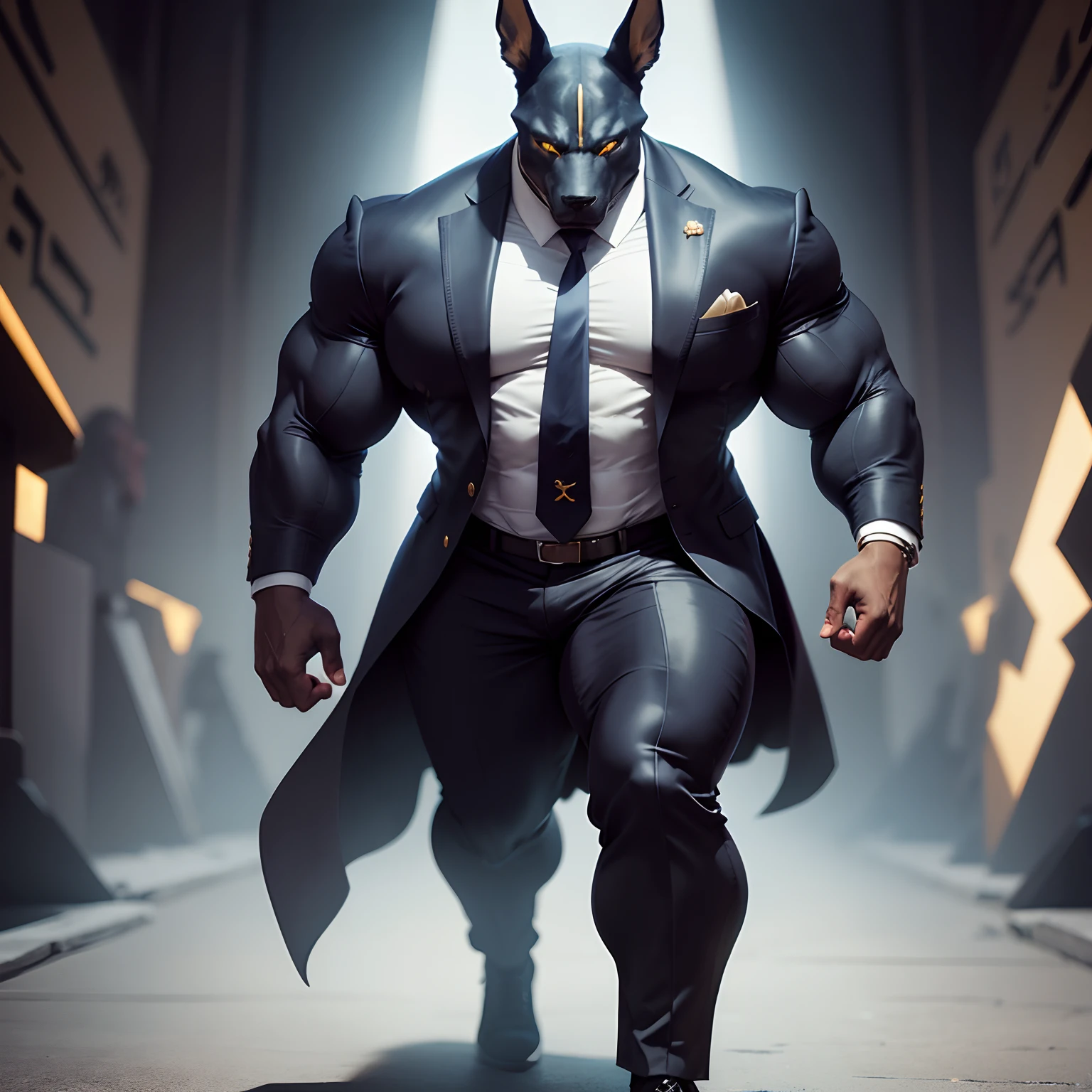 Anubis the egyptian god muscled  with huge torso , huge arms ,huge  pecs , huge lesgs , in suit with a tie like bodyguard outfit ,  full body