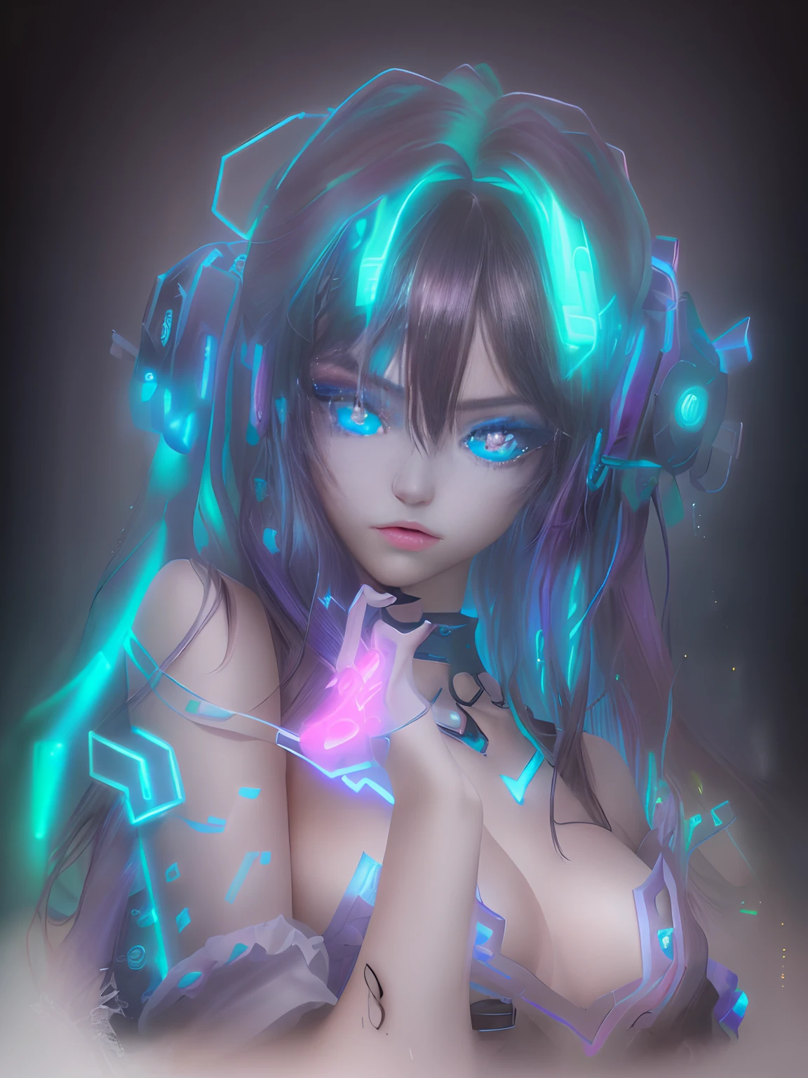 tmasterpiece,top-quality,best qualityer,offcial art,Beautiful and aesthetically pleasing:1.2),,1girll,cyber punk perssonage,,Very_Long_Hair,Extreme detail color,highest details,(美丽细致的眼睛:1.5),Pedras preciosas,Coquettish eyes,neon-light-effect, zoomout, 55mm, Beautiful eyes, highly details eye, sparkle eyes, Glowing pupils,Masterpiece