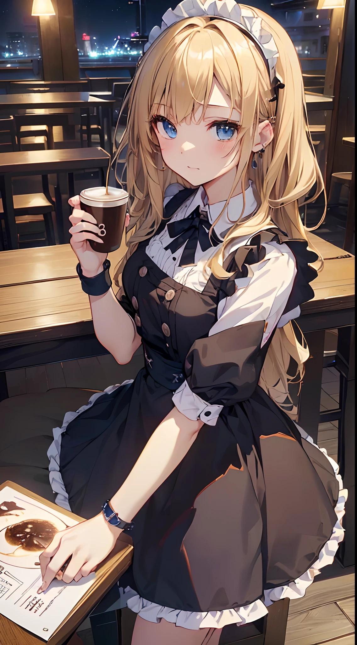 top-quality、Top image quality、​masterpiece、girl with((18year old、Maid clothes with open chest、Best Bust、Bust 85、a blond、Longhaire、Blue eyes、open chest wide、Valley、Happiness、Black wristband on wrist、A slender、耳Nipple Ring、The wind blows,holding coffee cup、close to viewer、turned around、)）hiquality、visualart、Background with((Night Coffee Shop、Counter seats、Coffee maker))、The table(menu、Coffee Cups Coffee Cups、Sugar Bottle、Milk),masutepiece、