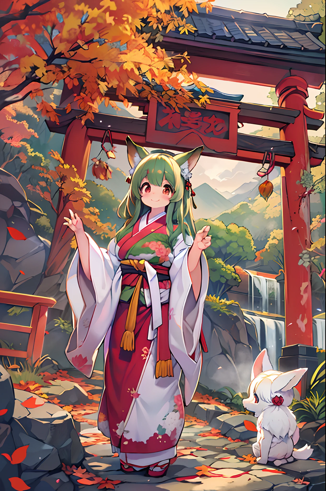 Fox Woman、body covered with fur、huge-breasted、kawaii、shrine maiden、Japan white clothes,Red Hakama、torii gate,((High Position))、A big smile、bbw、thick thight、big butts、Ultramammy,Chibi,Nanachi, autumn day,kaede、 Pines, Anime Background Art, japanese art style, beautiful anime scene, detailed scenery - width 672, Background art, Anime landscapes, Anime Background, Beautiful anime scenery, Beautiful peace scenes in anime, landscape artwork, Japan Village, Anime landscape concept art, 8K))、a lot of fallen leaves、Water twinkle、falls、Waterfall Basin、a river、Main shrine
