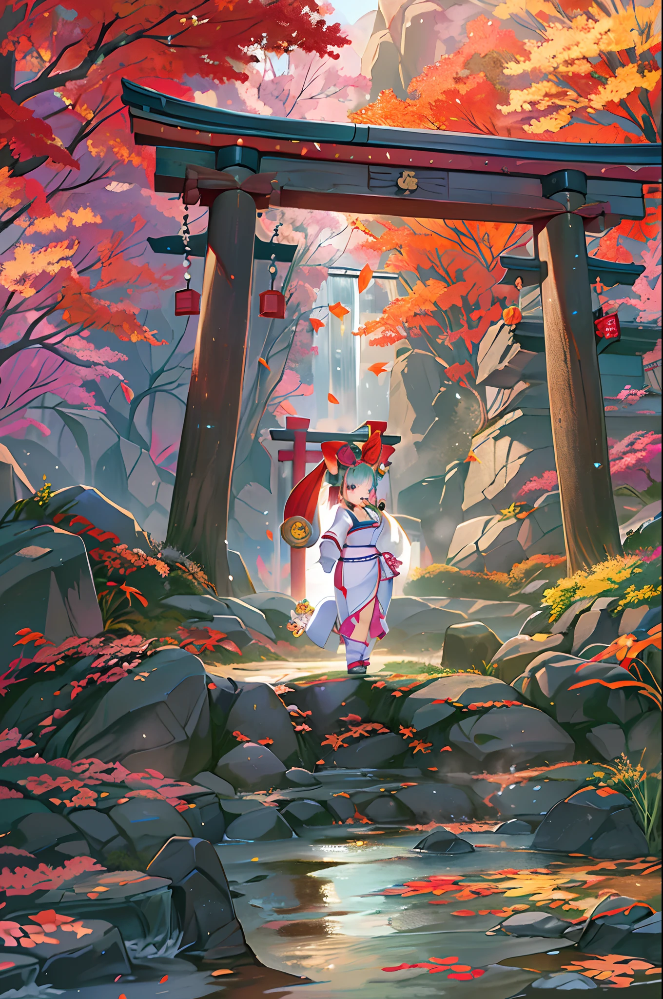 Fox Woman、body covered with fur、huge-breasted、kawaii、shrine maiden、Japan white clothes,Red Hakama、torii gate,((High Position))、A big smile、bbw、thick thight、big butts、Ultramammy,Chibi,Nanachi, autumn day,kaede、 Pines, Anime Background Art, japanese art style, beautiful anime scene, detailed scenery - width 672, Background art, Anime landscapes, Anime Background, Beautiful anime scenery, Beautiful peace scenes in anime, landscape artwork, Japan Village, Anime landscape concept art, 8K))、a lot of fallen leaves、Water twinkle、falls、Waterfall Basin、a river、Main shrine