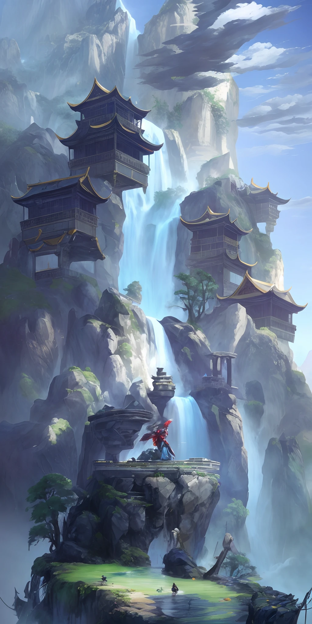 Waterfall painting,There are several ancient Chinese buildings, League of Legends concept art, Onmyoji detailed art, Riot game concept art, beautiful concept art, Feng Zhu concept art, award winning concept art, 2. 5 D CGI anime fantasy artwork, ross tran. scenery background, fantasy matte painting, concept-art | feng zhu, concept art illustration,Between valleys,Quiet,There are clouds,Between valleys,Quiet,There are clouds