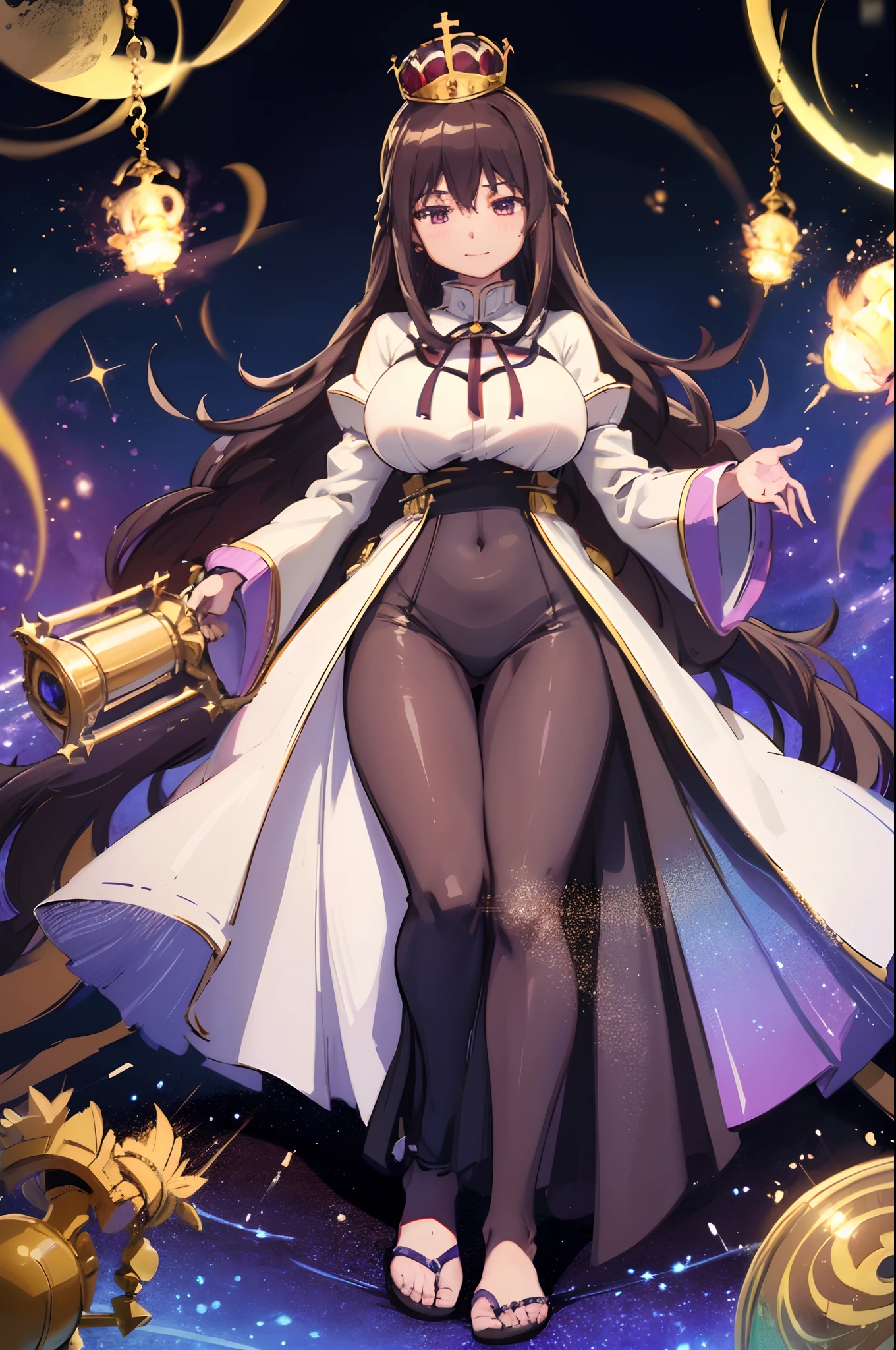 , (masterpiece:1.2), (best quality:1.15), extremely detailed,1girl, detailed,1girl, solo, homuramagica, long hair, pantyhose,, long dress, priestess, blackcloths, black veils, gothic, long skirt, black robe, religious, standing, full body, medium breast, mature woman, tallgirl, standing,smile,, purple eyes,homura,huge breast, , female,fantasy goddess,there is a cartoon picture of a woman with a very large breast, glowing angelic being, glowing holy aura, inspired by Luma Rouge, the non-binary deity of spring, ethereal rainbow nimbus, the butterfly goddess of fire, inspired by Marie Angel, glowing aura around her, astral fairy, as the goddess of the sun, “uwu the prismatic person, big breast, happy, beautiful eyes, , full body, walking, long robe, long dre, catgirlss,, priestess ,holy, smile, long dress, brown hair, female,red eyes, black robe with stars symbolism, full body, flipflops,(best quality,4k,8k,highres,masterpiece:1.2),ultra-detailed,(:1.37),black robe with blue stars simbolism, girl with queen crown,beautiful detailed eyes,beautiful detailed lips,extremely detailed eyes and face,longeyelashes,golden crown adorned with diamonds,glowing blue stars on the robe,glittering pearls entwined in hair,royal purple backdrop,sparkling tiara,rich textures and fabrics,regal posture,confident expression,majestic aura,ethereal lighting,hauntingly beautiful atmosphere,elegant and magical,enchanted garden in the background,floating golden particles,subtle reflections on the crown,sublime tranquility,depth and mystery,sophisticated and regal,impeccable attention to detail,captivating and enchanting,ethereal and divine,fantasy-inspired artwork,dreamlike and surreal,celestial beauty and elegance,dark and mysterious,royal and majestic vibes,meticulous craftsmanship,vivid colors,whimsical and otherworldly., darks clothes