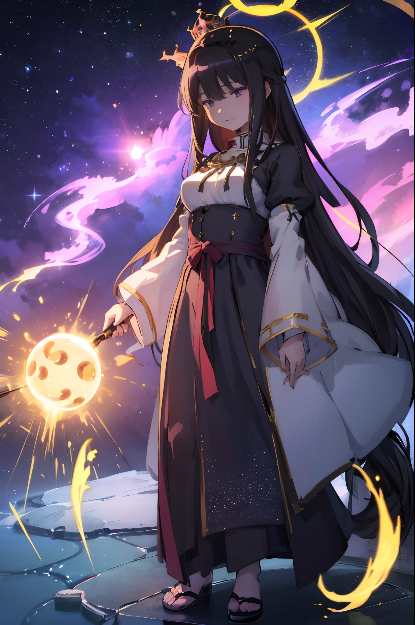 , (masterpiece:1.2), (best quality:1.15), extremely detailed,1girl, detailed,1girl, solo, homuramagica, long hair, pantyhose,, long dress, priestess, blackcloths, black veils, gothic, long skirt, black robe, religious, standing, full body, medium breast, mature woman, tallgirl, standing,smile,, purple eyes,homura,huge breast, , female,fantasy goddess,there is a cartoon picture of a woman with a very large breast, glowing angelic being, glowing holy aura, inspired by Luma Rouge, the non-binary deity of spring, ethereal rainbow nimbus, the butterfly goddess of fire, inspired by Marie Angel, glowing aura around her, astral fairy, as the goddess of the sun, “uwu the prismatic person, big breast, happy, beautiful eyes, , full body, walking, long robe, long dre, catgirlss,, priestess ,holy, smile, long dress, brown hair, female,red eyes, black robe with stars symbolism, full body, flipflops,(best quality,4k,8k,highres,masterpiece:1.2),ultra-detailed,(:1.37),black robe with blue stars simbolism, girl with queen crown,beautiful detailed eyes,beautiful detailed lips,extremely detailed eyes and face,longeyelashes,golden crown adorned with diamonds,glowing blue stars on the robe,glittering pearls entwined in hair,royal purple backdrop,sparkling tiara,rich textures and fabrics,regal posture,confident expression,majestic aura,ethereal lighting,hauntingly beautiful atmosphere,elegant and magical,enchanted garden in the background,floating golden particles,subtle reflections on the crown,sublime tranquility,depth and mystery,sophisticated and regal,impeccable attention to detail,captivating and enchanting,ethereal and divine,fantasy-inspired artwork,dreamlike and surreal,celestial beauty and elegance,dark and mysterious,royal and majestic vibes,meticulous craftsmanship,vivid colors,whimsical and otherworldly., darks clothes