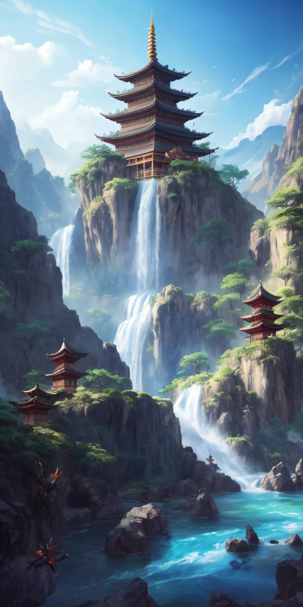 Waterfall painting，In the background is a pagoda, League of Legends concept art, Onmyoji detailed art, Riot game concept art, beautiful concept art, Feng Zhu concept art, award winning concept art, 2. 5 D CGI anime fantasy artwork, ross tran. scenery background, fantasy matte painting， concept-art | feng zhu, concept art illustration，Between valleys，Quiet，There are clouds