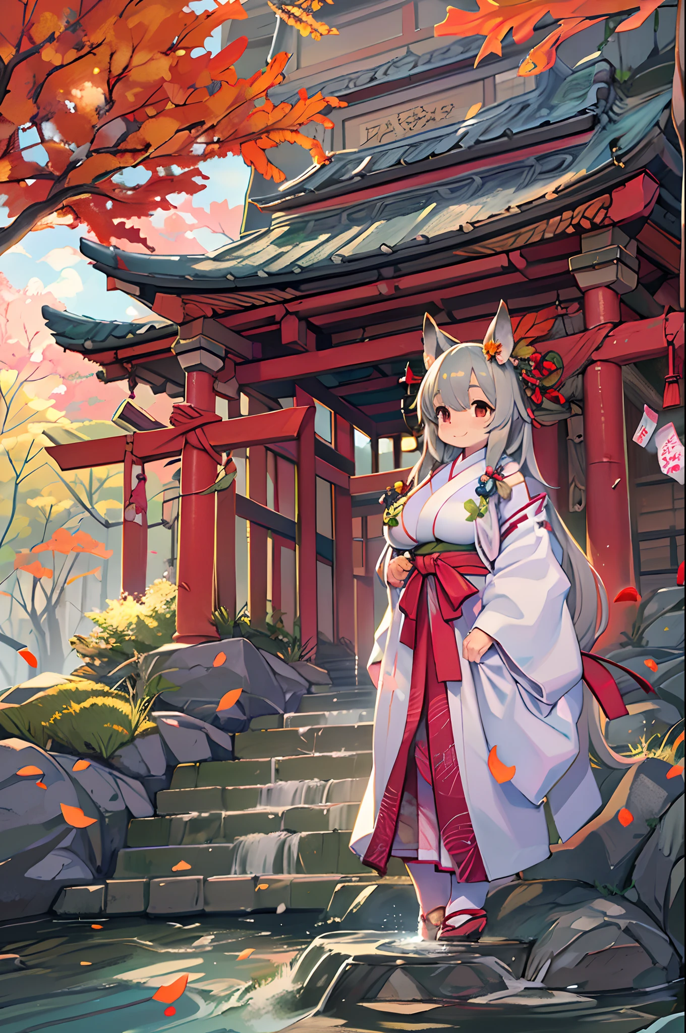 Fox Woman、body covered with fur、huge-breasted、kawaii、shrine maiden、Japan white clothes,Red Hakama、torii gate,((High Position))、A big smile、bbw、thick thight、big butts、Ultramammy,Chibi,Nanachi, autumn day,kaede、 Pines, Anime Background Art, japanese art style, beautiful anime scene, detailed scenery - width 672, Background art, Anime landscapes, Anime Background, Beautiful anime scenery, Beautiful peace scenes in anime, landscape artwork, Japan Village, Anime landscape concept art, 8K))、a lot of fallen leaves、Water twinkle、falls、Waterfall Basin、a river、Main shrine