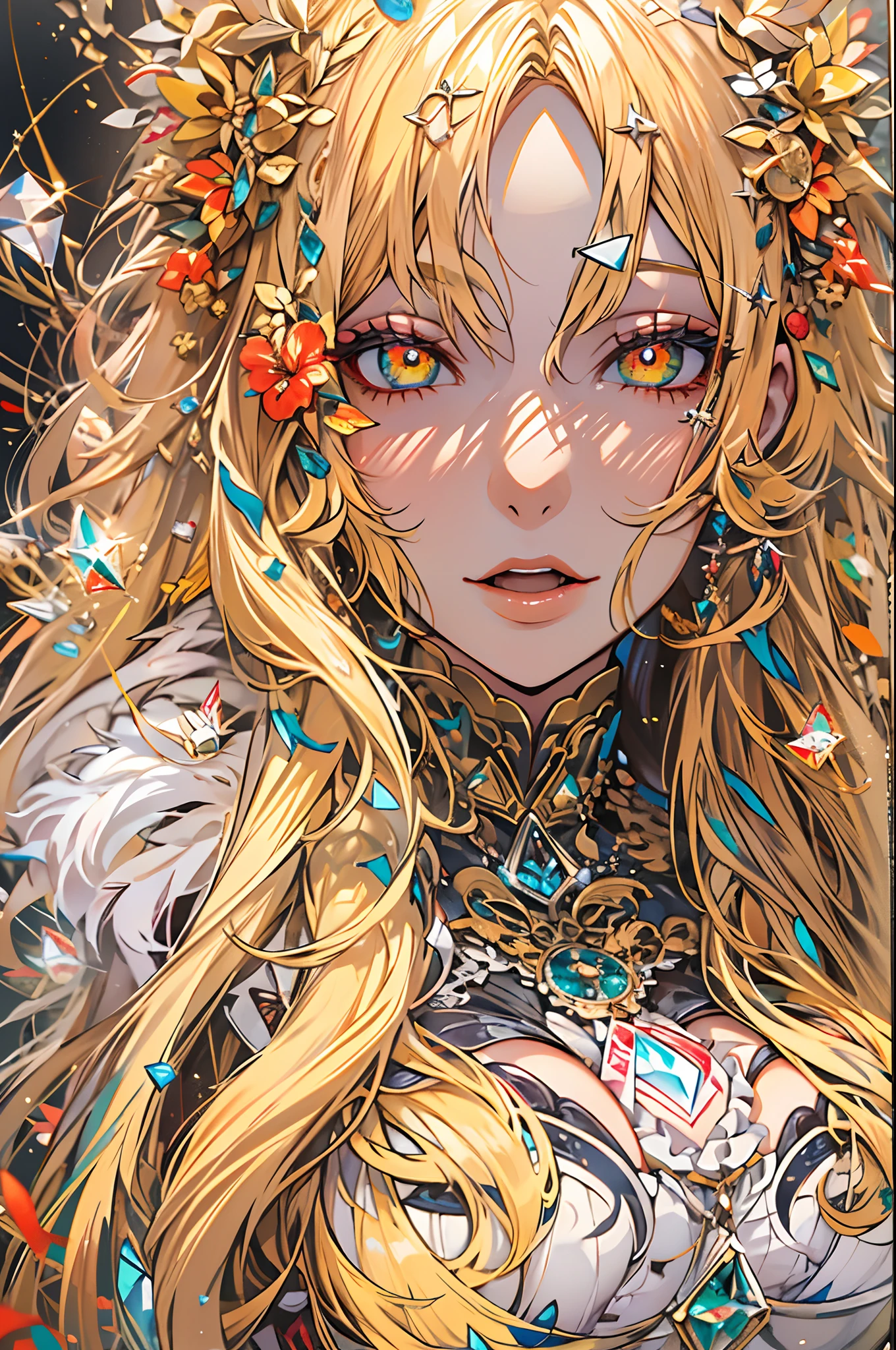 1 woman with colorful eyes,Long yellow wavy hair,Crystal canyon background,looking at viewert,extremely detailed wallpaper CG unity 8k,((Huge breasts :1.5))