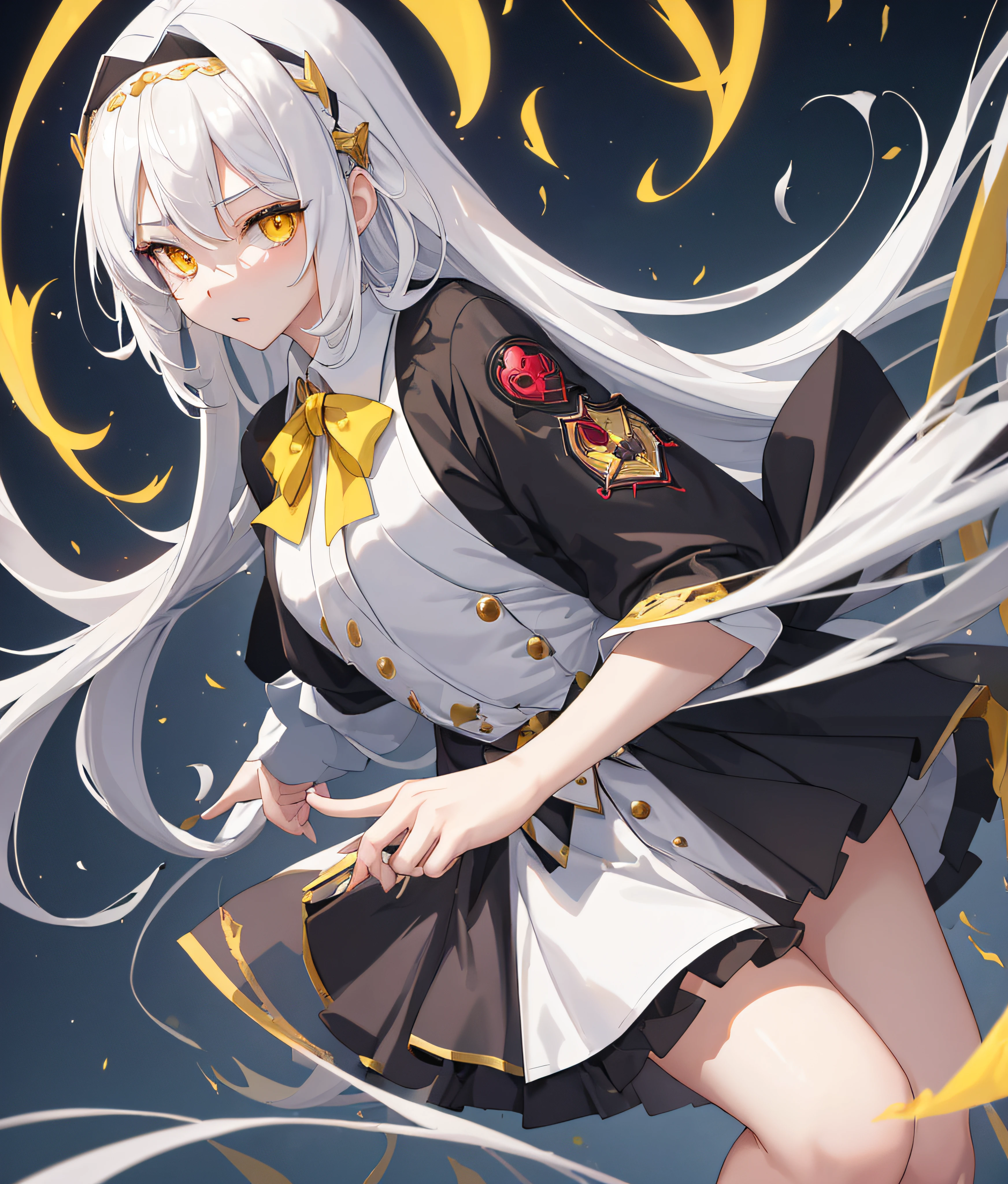 16 years old, beautiful girl, White hair to the waist., The bang covers the forehead in half... ,Golden yellow eyes, masterpiece, top-quality, 8K anime, detailed fingers, Precise fingers, Not an unnatural hand......., illustration, 1 girl, bara, black blazer, White shirt, Red ribbon on chest, Black miniskirt, Precise best quality, , Tilt the eye angle outwards......., anime,