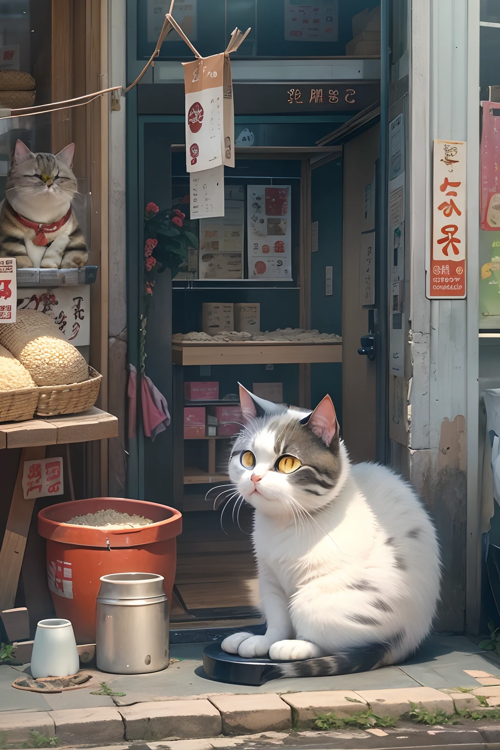 A round-eyed cute cat,Sitting on the five-legged base of a shop selling white rice. streetview,