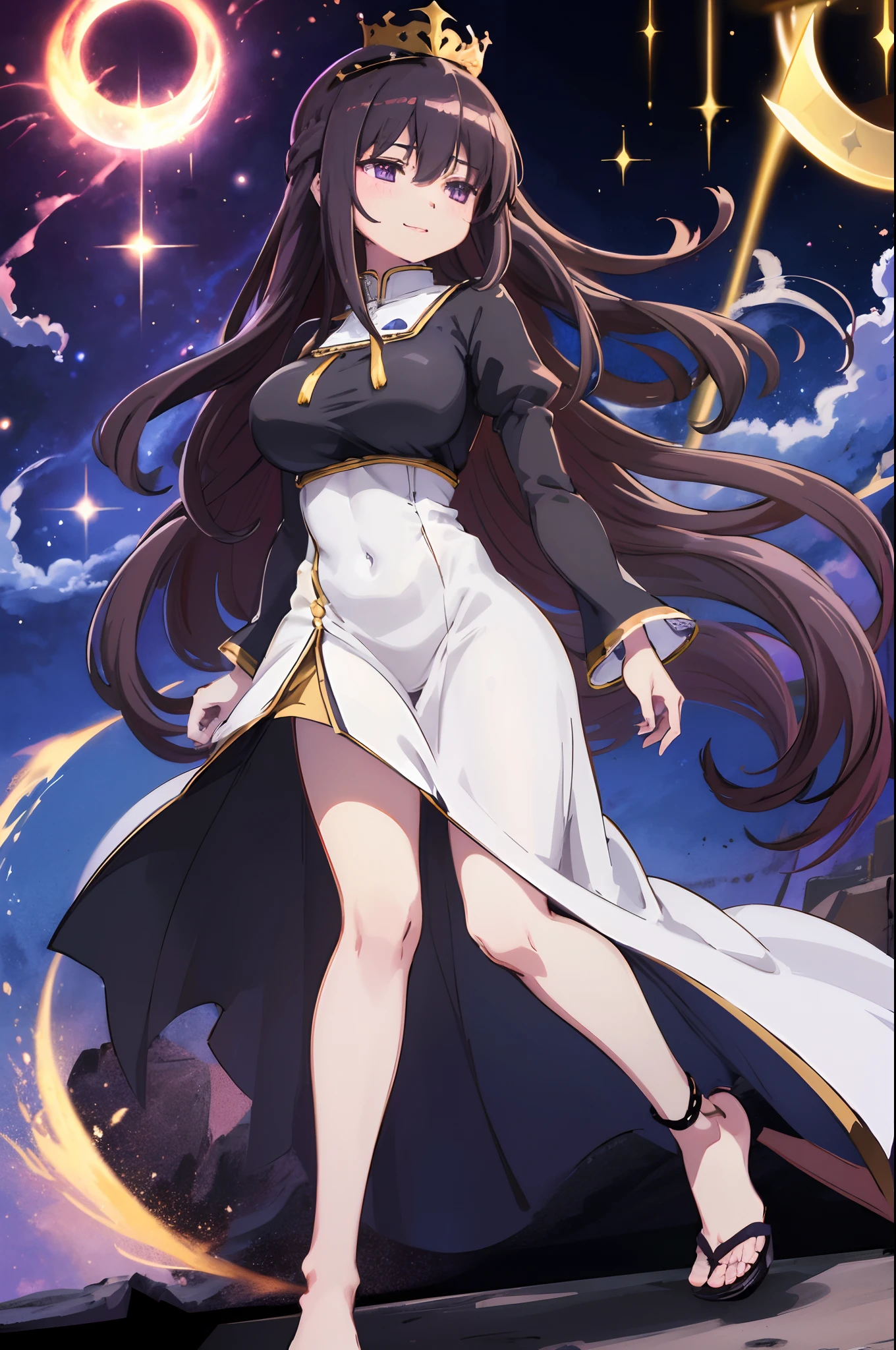 , (masterpiece:1.2), (best quality:1.15), extremely detailed,1girl, detailed,1girl, solo, homuramagica, long hair, pantyhose,, long dress, priestess, blackcloths, black veils, gothic, long skirt, black robe, religious, standing, full body, medium breast, mature woman, tallgirl, standing,smile,, purple eyes,homura,huge breast, , female,fantasy goddess,there is a cartoon picture of a woman with a very large breast, glowing angelic being, glowing holy aura, inspired by Luma Rouge, the non-binary deity of spring, ethereal rainbow nimbus, the butterfly goddess of fire, inspired by Marie Angel, glowing aura around her, astral fairy, as the goddess of the sun, “uwu the prismatic person, big breast, happy, beautiful eyes, , full body, walking, long robe, long dre, catgirlss,, priestess ,holy, smile, long dress, brown hair, female,red eyes, black robe with stars symbolism, full body, flipflops,(best quality,4k,8k,highres,masterpiece:1.2),ultra-detailed,(:1.37),black robe with blue stars simbolism, girl with queen crown,beautiful detailed eyes,beautiful detailed lips,extremely detailed eyes and face,longeyelashes,golden crown adorned with diamonds,glowing blue stars on the robe,glittering pearls entwined in hair,royal purple backdrop,sparkling tiara,rich textures and fabrics,regal posture,confident expression,majestic aura,ethereal lighting,hauntingly beautiful atmosphere,elegant and magical,enchanted garden in the background,floating golden particles,subtle reflections on the crown,sublime tranquility,depth and mystery,sophisticated and regal,impeccable attention to detail,captivating and enchanting,ethereal and divine,fantasy-inspired artwork,dreamlike and surreal,celestial beauty and elegance,dark and mysterious,royal and majestic vibes,meticulous craftsmanship,vivid colors,whimsical and otherworldly., darks clothes