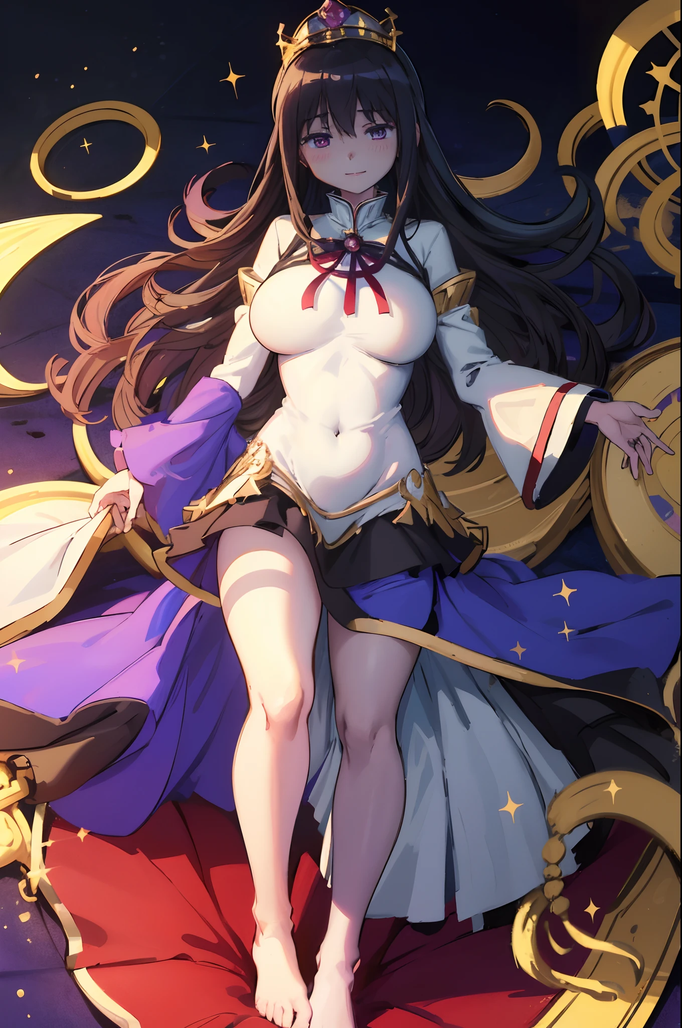 , (masterpiece:1.2), (best quality:1.15), extremely detailed,1girl, detailed,1girl, solo, homuramagica, long hair, pantyhose,, long dress, priestess, blackcloths, black veils, gothic, long skirt, black robe, religious, standing, full body, medium breast, mature woman, tallgirl, standing,smile,, purple eyes,homura,huge breast, , female,fantasy goddess,there is a cartoon picture of a woman with a very large breast, glowing angelic being, glowing holy aura, inspired by Luma Rouge, the non-binary deity of spring, ethereal rainbow nimbus, the butterfly goddess of fire, inspired by Marie Angel, glowing aura around her, astral fairy, as the goddess of the sun, “uwu the prismatic person, big breast, happy, beautiful eyes, , full body, walking, long robe, long dre, catgirlss,, priestess ,holy, smile, long dress, brown hair, female,red eyes, black robe with stars symbolism, full body, flipflops,(best quality,4k,8k,highres,masterpiece:1.2),ultra-detailed,(:1.37),black robe with blue stars simbolism, girl with queen crown,beautiful detailed eyes,beautiful detailed lips,extremely detailed eyes and face,longeyelashes,golden crown adorned with diamonds,glowing blue stars on the robe,glittering pearls entwined in hair,royal purple backdrop,sparkling tiara,rich textures and fabrics,regal posture,confident expression,majestic aura,ethereal lighting,hauntingly beautiful atmosphere,elegant and magical,enchanted garden in the background,floating golden particles,subtle reflections on the crown,sublime tranquility,depth and mystery,sophisticated and regal,impeccable attention to detail,captivating and enchanting,ethereal and divine,fantasy-inspired artwork,dreamlike and surreal,celestial beauty and elegance,dark and mysterious,royal and majestic vibes,meticulous craftsmanship,vivid colors,whimsical and otherworldly., darks clothes