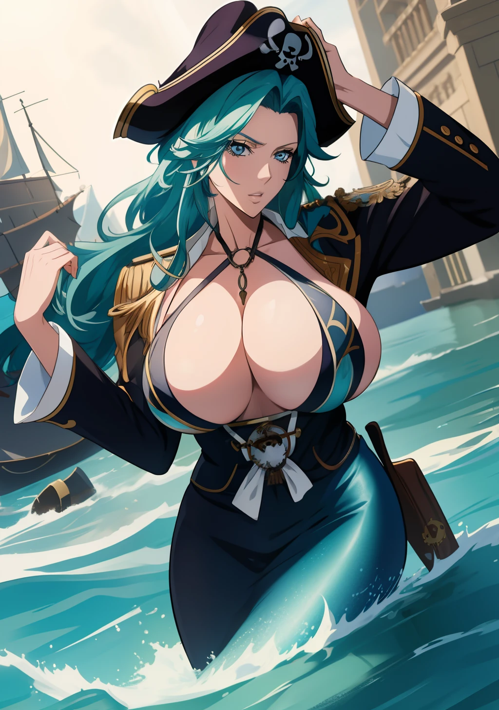 Big tits, shirt, 1girl, aqua hair color, blue eyes, pirates coat, pirates hat, cleavage, intrincate details, detailed, masterpiece, best quality, 4K, HDR, mermaid