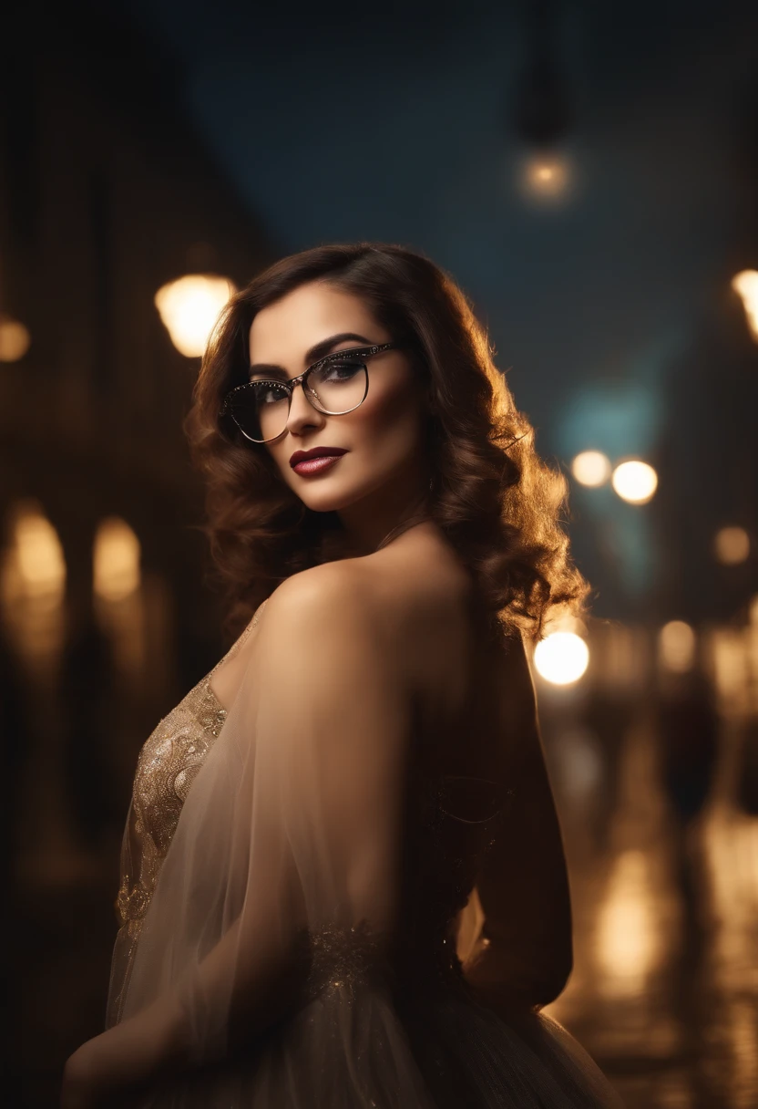 medium shot photo of a mix of (zainabt:0.8), women with glasses, and (santa costume:0.5) sks woman, (big cleavage:1.1), intricate steampunk+ city, evening, dark, atmospheric, mist, best quality masterpiece, photorealistic, detailed, 8k, HDR, shallow depth of field, broad light, high contrast, backlighting, bloom, light sparkles, chromatic aberration, sharp focus, RAW color photo,