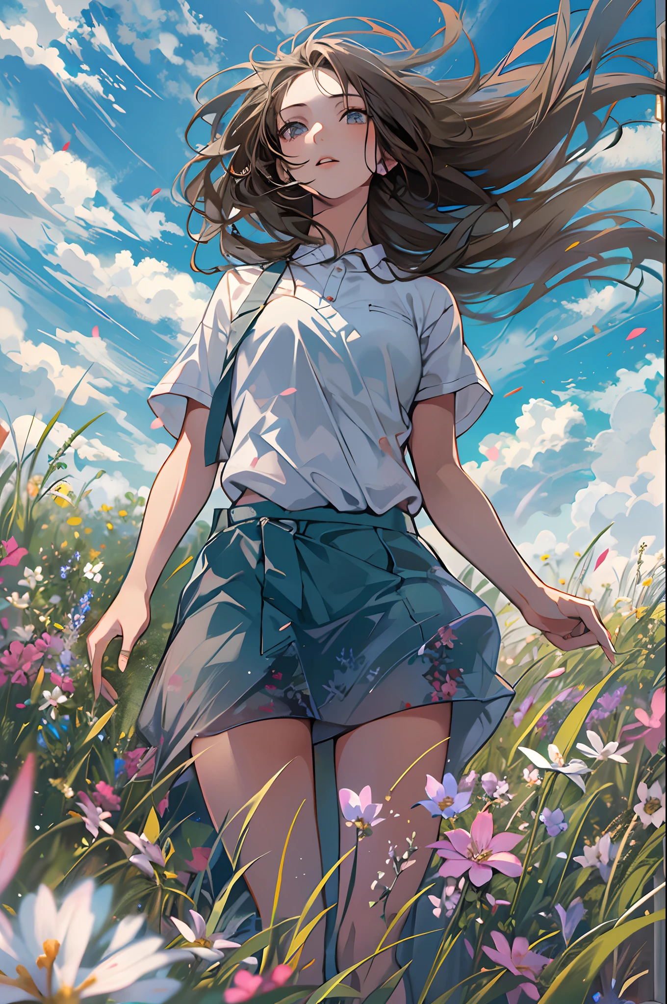 1 girl, Looking at the audience, Realistic, Long hair, Long hair blown by the wind, Solo, Flowers, sky, sky, En plein air, Short hair, Brown long hair, Science fiction, bblurry, Grass, Realism, Clouds, Blue sky, chest, Lips, Transparent, Transparent, Transparent,