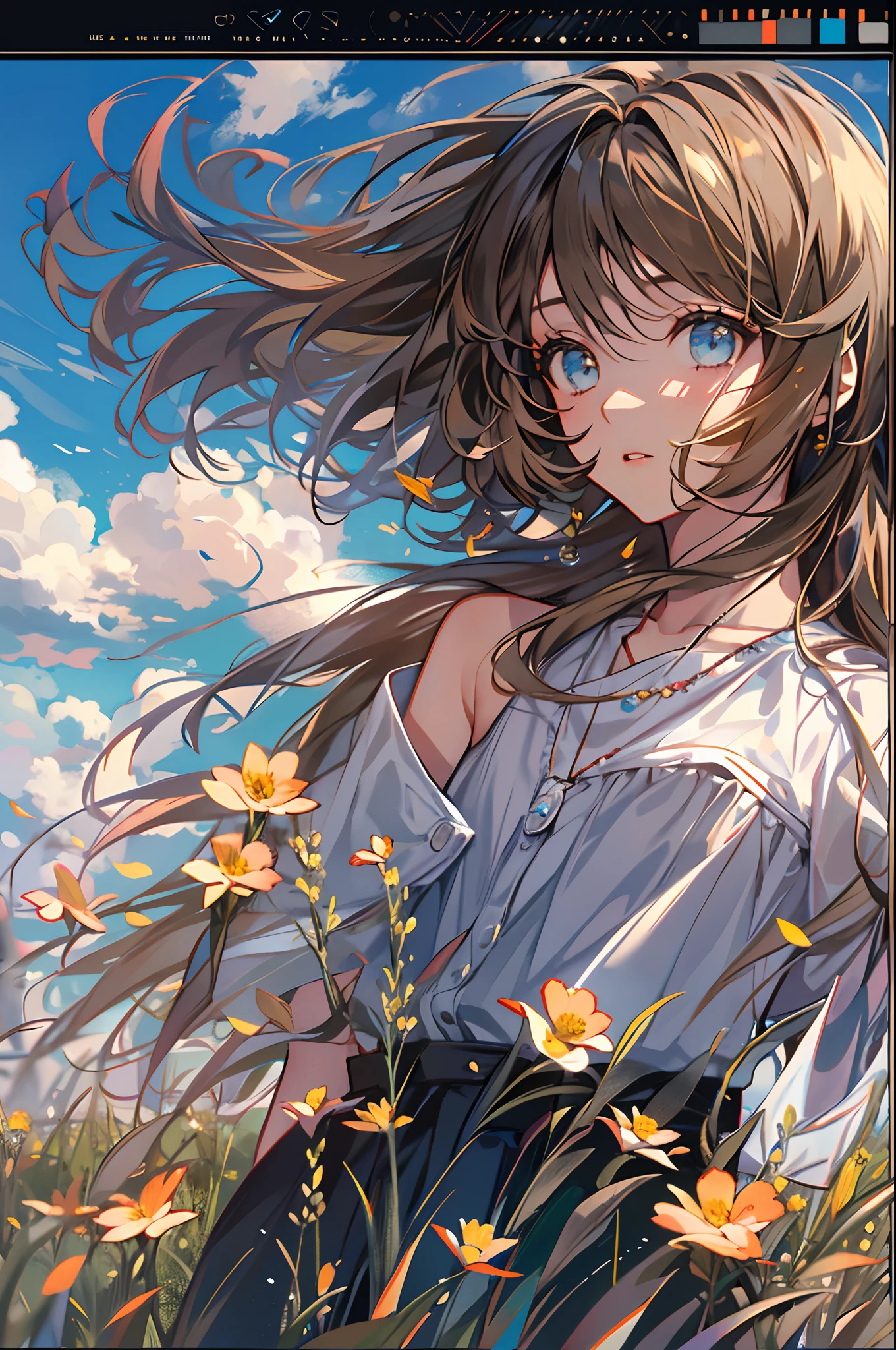 1 girl, Looking at the audience, Realistic, Long hair, Long hair blown by the wind, Solo, Flowers, sky, sky, En plein air, Short hair, Brown long hair, Science fiction, bblurry, Grass, Realism, Clouds, Blue sky, chest, Lips, Transparent, Transparent, Transparent,