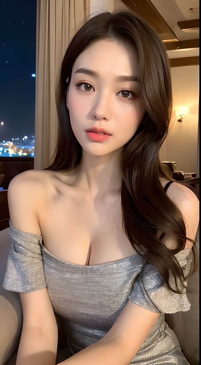 ((Midnight, Best quality, 8k, Masterpiece :1.3)), Whole body, Long legs, Sharp focus :1.2, A pretty woman with perfect figure :1.4, Slender abs :1.1, ((Dark brown hair, Big breasts :1.2)), (naked, sitting, legs open:1.2), ((Night city view, Rooftop:1.3)), Highly detailed face and skin texture, Detailed eyes, Double eyelid, slightly smile, face close up