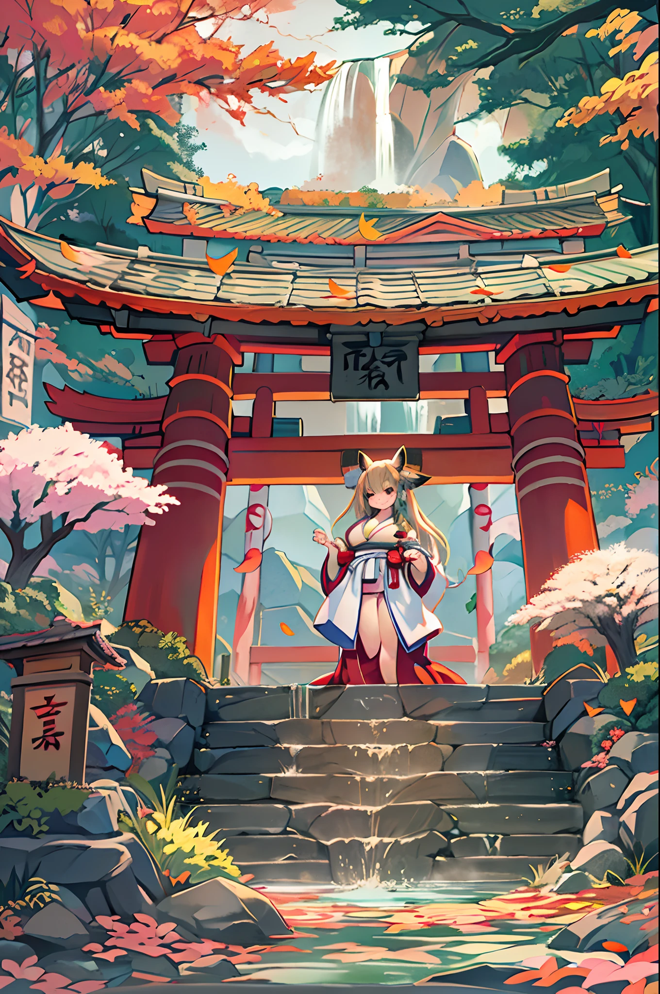 Fox Woman、body covered with fur、huge-breasted、kawaii、shrine maiden、Japan white clothes,Red Hakama、torii gate,((High Position))、A big smile、bbw、thick thight、big butts、Ultramammy,Chibi,Nanachi, autumn day,kaede、 Pines, Anime Background Art, japanese art style, beautiful anime scene, detailed scenery - width 672, Background art, Anime landscapes, Anime Background, Beautiful anime scenery, Beautiful peace scenes in anime, landscape artwork, Japan Village, Anime landscape concept art, 8K))、a lot of fallen leaves、Water twinkle、falls、Waterfall Basin、a river、Main shrine