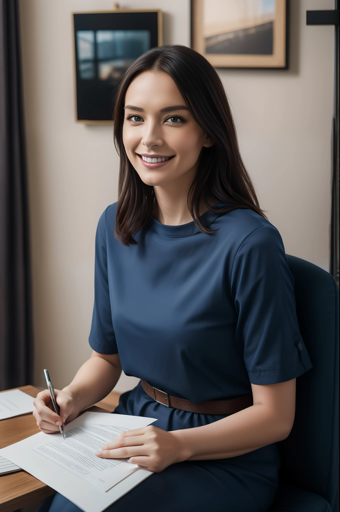 two professional photographic image of A beauty business two woman sitting comfortably in the office chair reading paper, wearing a sophisticated dark casual dress, looking directly at the paper, highlighting his expressive face and her elegance, highly detailed, elegant, pinterest, artstation, smooth, sharp focus, 8k, full shot, 105mm portrait lens, holding notebook, (holding notebook), film grain, Fujifilm XT3 photorealistic painting art by midjourney and greg rutkowski, upper body, in camera studio with 3 flash, soft lighting, masterpiece, (blue, black, brown color palette), (smilling), (smilling face), ((document)), zoom out angle, woman, beauty, holding a paper with hands, ((paper)), (perfect hands: 1.4), (add_detail:1.0)