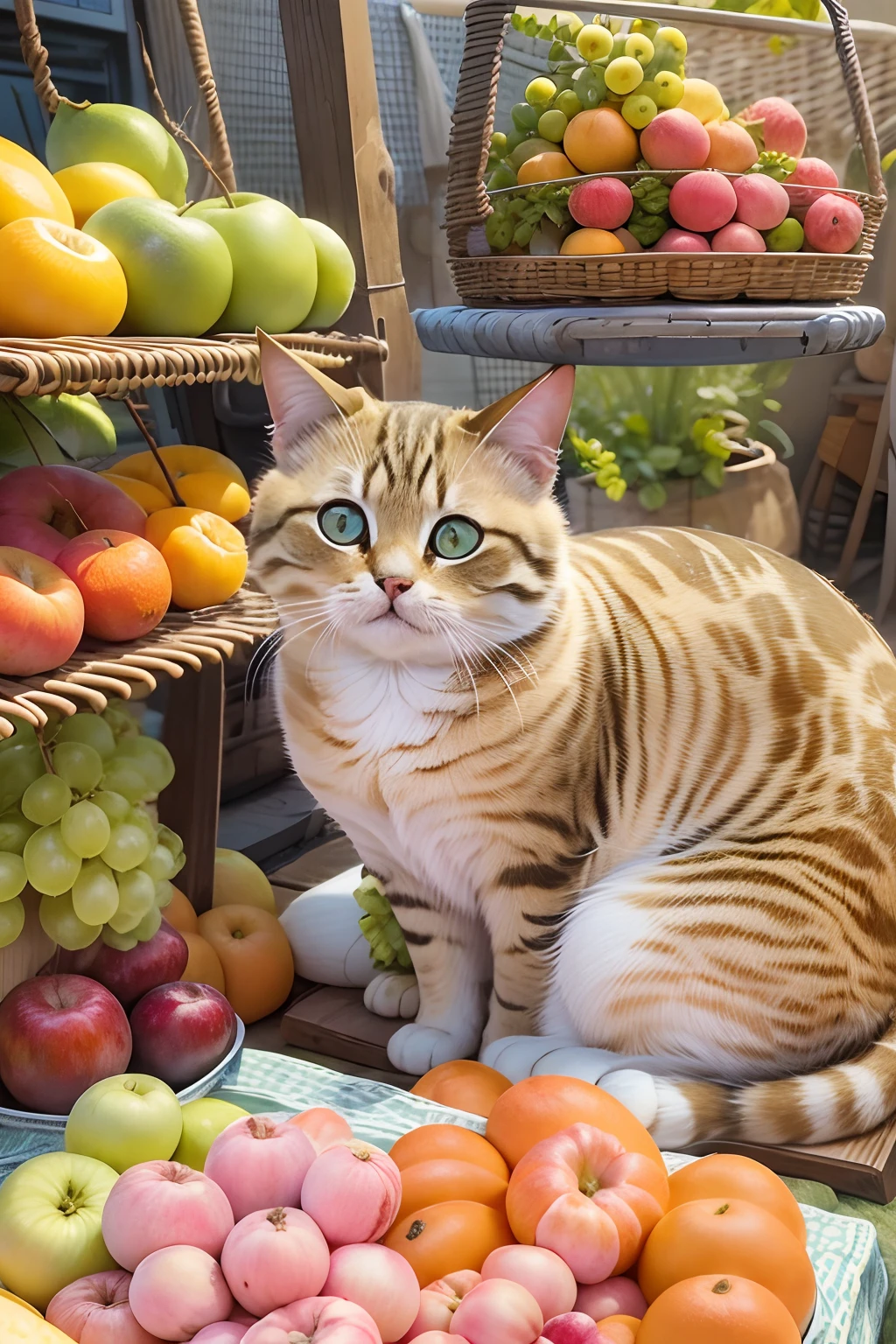 A round-eyed cute cat, adorable, sit on chair, fruit stand,exteriors.
