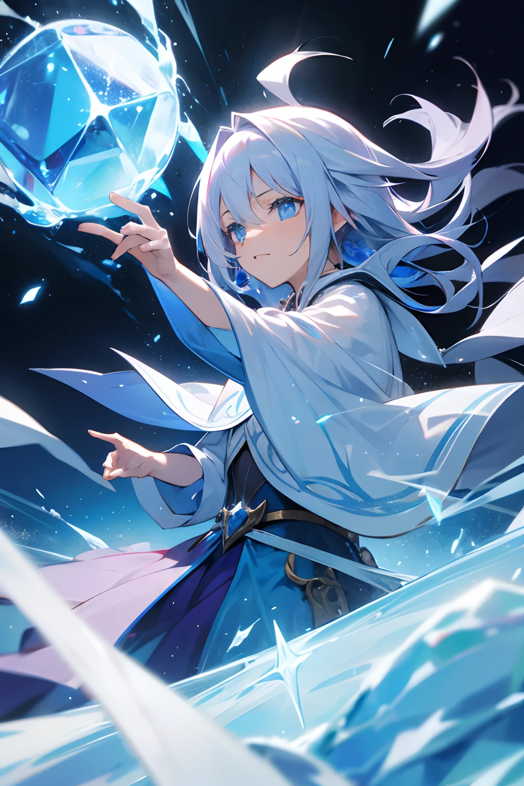 silber hair,magia,blue eyess,attacking magic,Fantasia,Ice Magic,