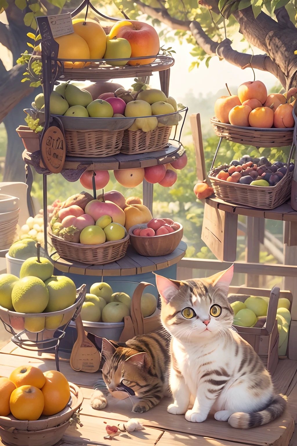 A round-eyed cute cat, adorable, sit on chair, fruit stand,exteriors.