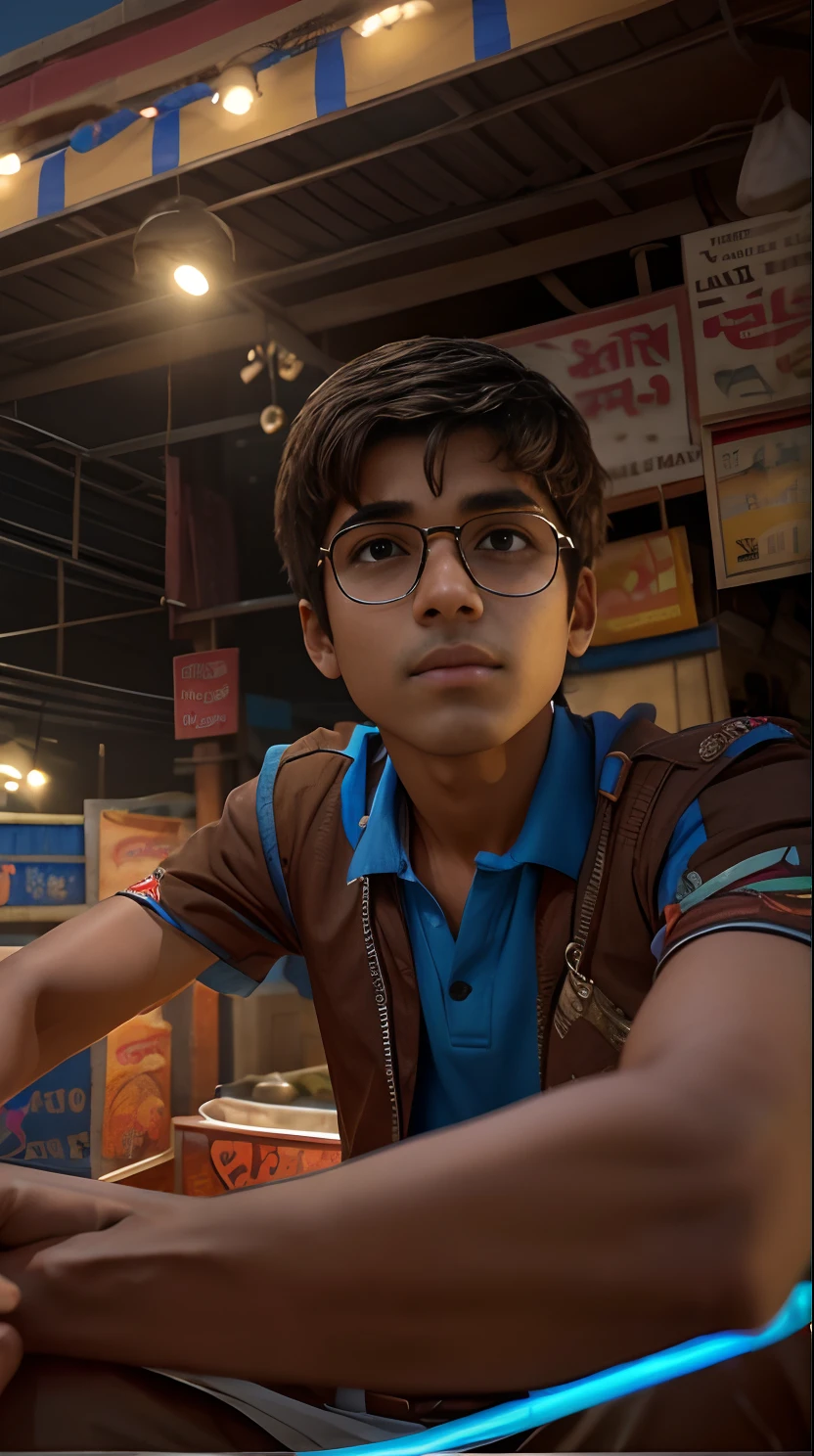 Replace the background with another background of an Indian city market in evening sky with complex details of shops and people, make it like an avatar of teen boy, try that the face will look real and similar to the given image so that anyone can recognise, change the outfit in the given image to another outfit, change the colour of face to a brownish