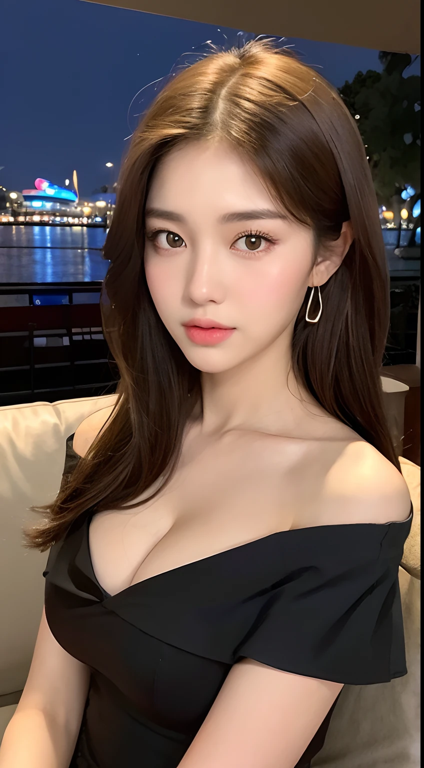 ((Night Scene, Realistic Light, Best Quality, 8K, Masterpiece: 1.3)), 1 Girl, Slim Body Beauty: 1.4, (Brown Hair, Middle Breast: 1.3), Off-Shoulder Cut Top: 1.3, Sofa, Ultra Detailed Face, Detailed Eyes, Double Eyelids, Disneyland, Cleavage