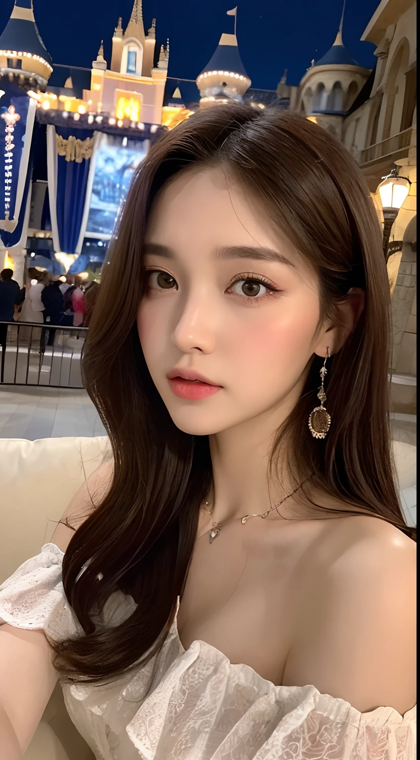 ((Night Scene, Realistic Light, Best Quality, 8K, Masterpiece: 1.3)), 1 Girl, Slim Body Beauty: 1.4, (Brown Hair, Middle Breast: 1.3), Off-Shoulder Cut Top: 1.3, Sofa, Ultra Detailed Face, Detailed Eyes, Double Eyelids, Disneyland, Cleavage