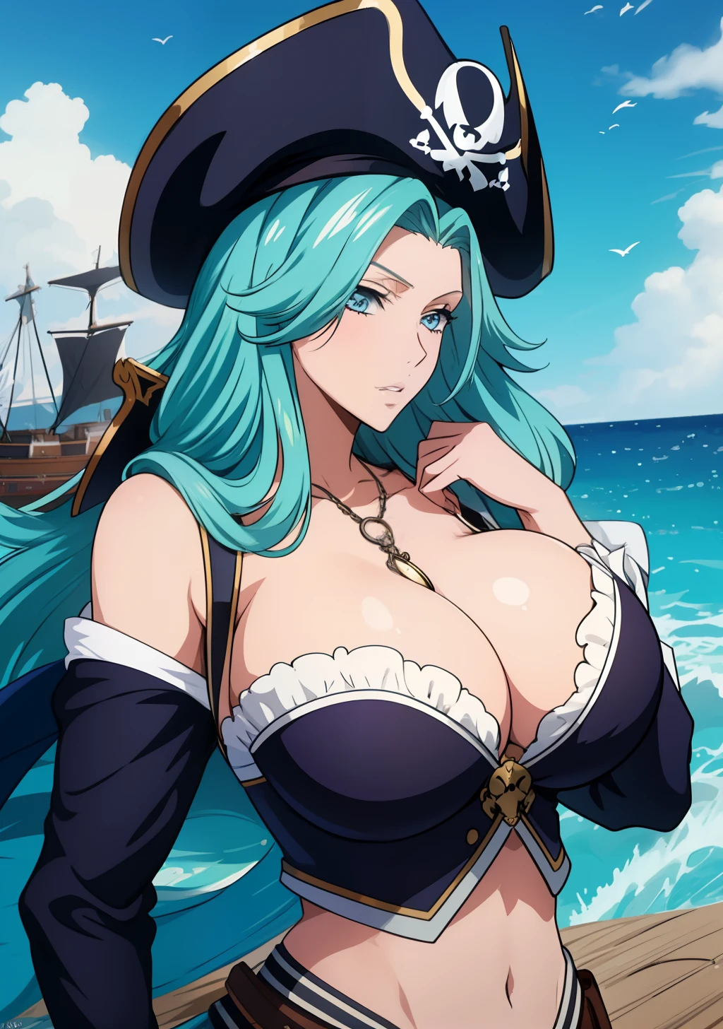 Big tits, shirt, 1girl, aqua hair color, blue eyes, pirates coat, pirates hat, cleavage, intrincate details, detailed, masterpiece, best quality, 4K, HDR, mermaid