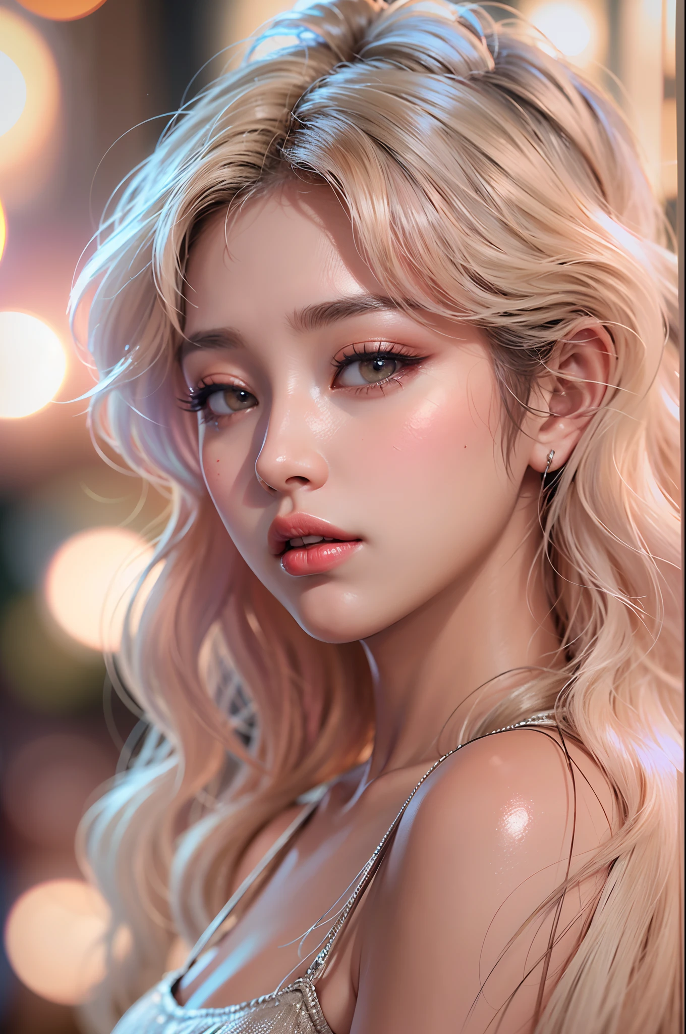 (8k, RAW photo, photorealistic:1.25) ,( lip gloss, eyelashes, glossy finish, glossy skin, best quality, super high resolution, depth of field, chromatic aberration, caustics, wide light, natural shadow, Kpop idol) look with serenity and goddess-like bliss to the spectators,