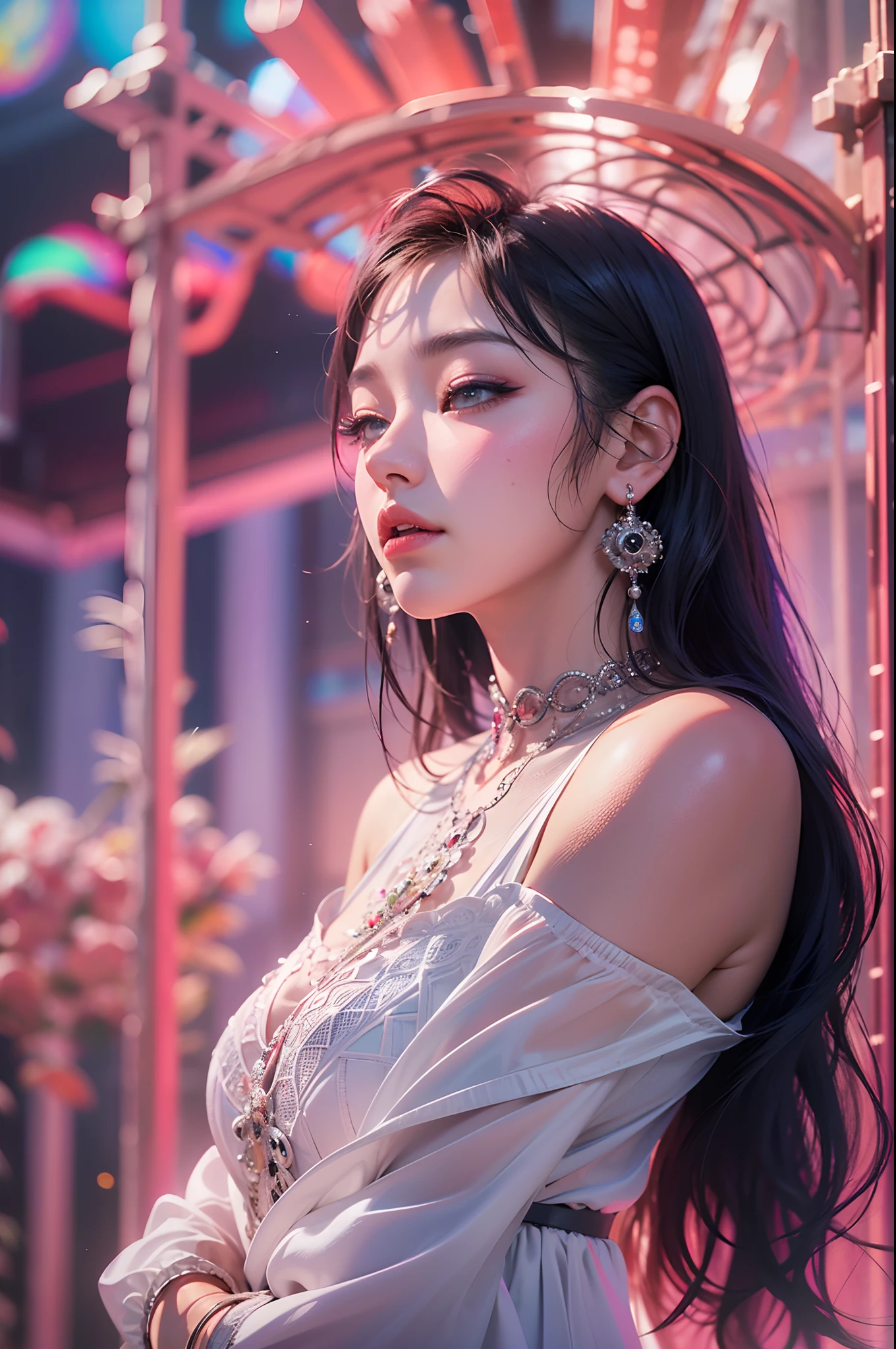 (8k, RAW photo, photorealistic:1.25) ,( lip gloss, eyelashes, glossy finish, glossy skin, best quality, super high resolution, depth of field, chromatic aberration, caustics, wide light, natural shadow, Kpop idol) look with serenity and goddess-like bliss to the spectators,