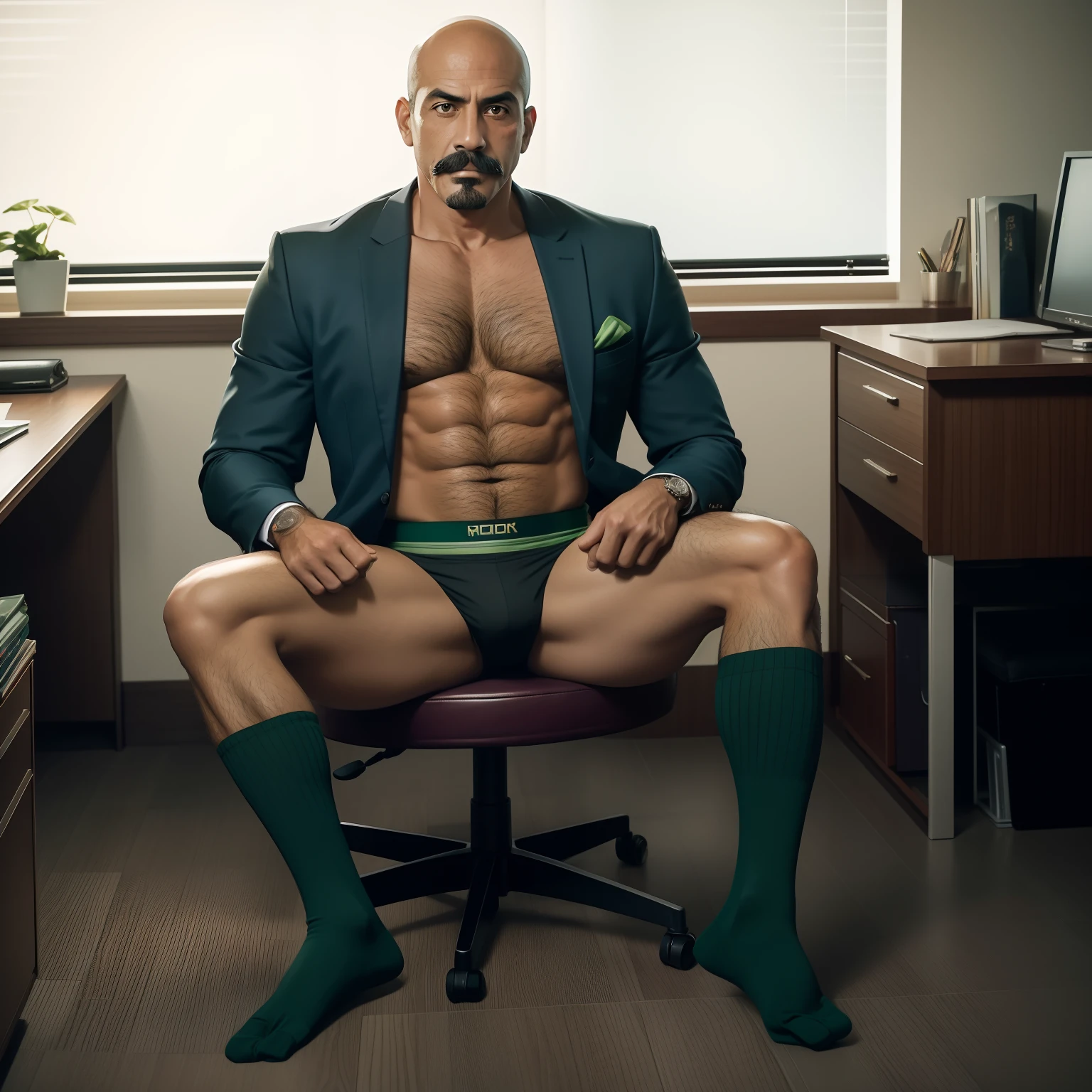 45 yers old，Juan Sebastian Veron，（Kogoro Mouri 1.3），office room，Two together，Crotch contour，Wear sexy green briefs，with mustache，tmasterpiece，k hd，the feet，black long socks，The barefoot，Thick chest hair，scowling