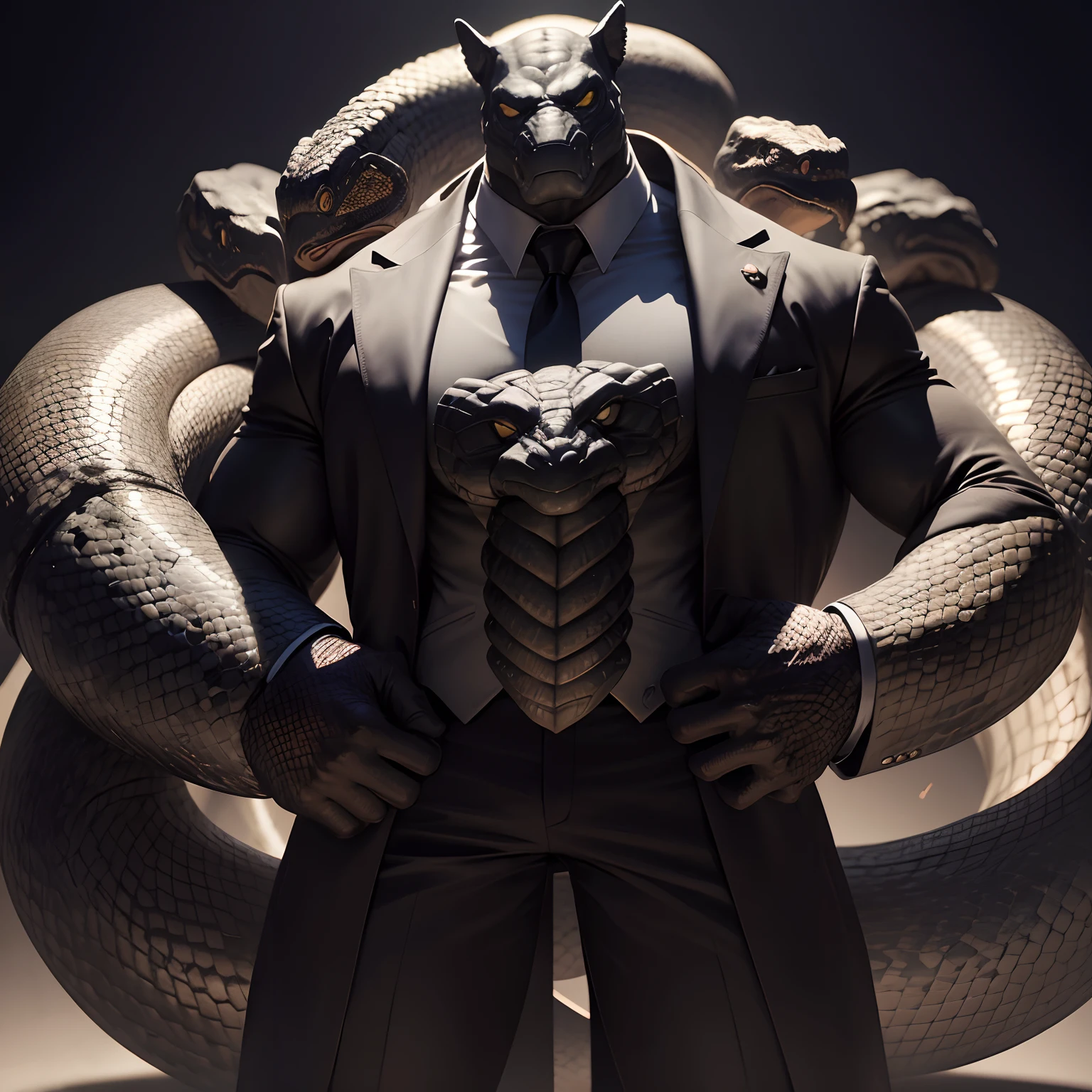Humanoid snake muscled , with a snake's head black with a tail with 2 huge arms , in suit with a tie , full body
