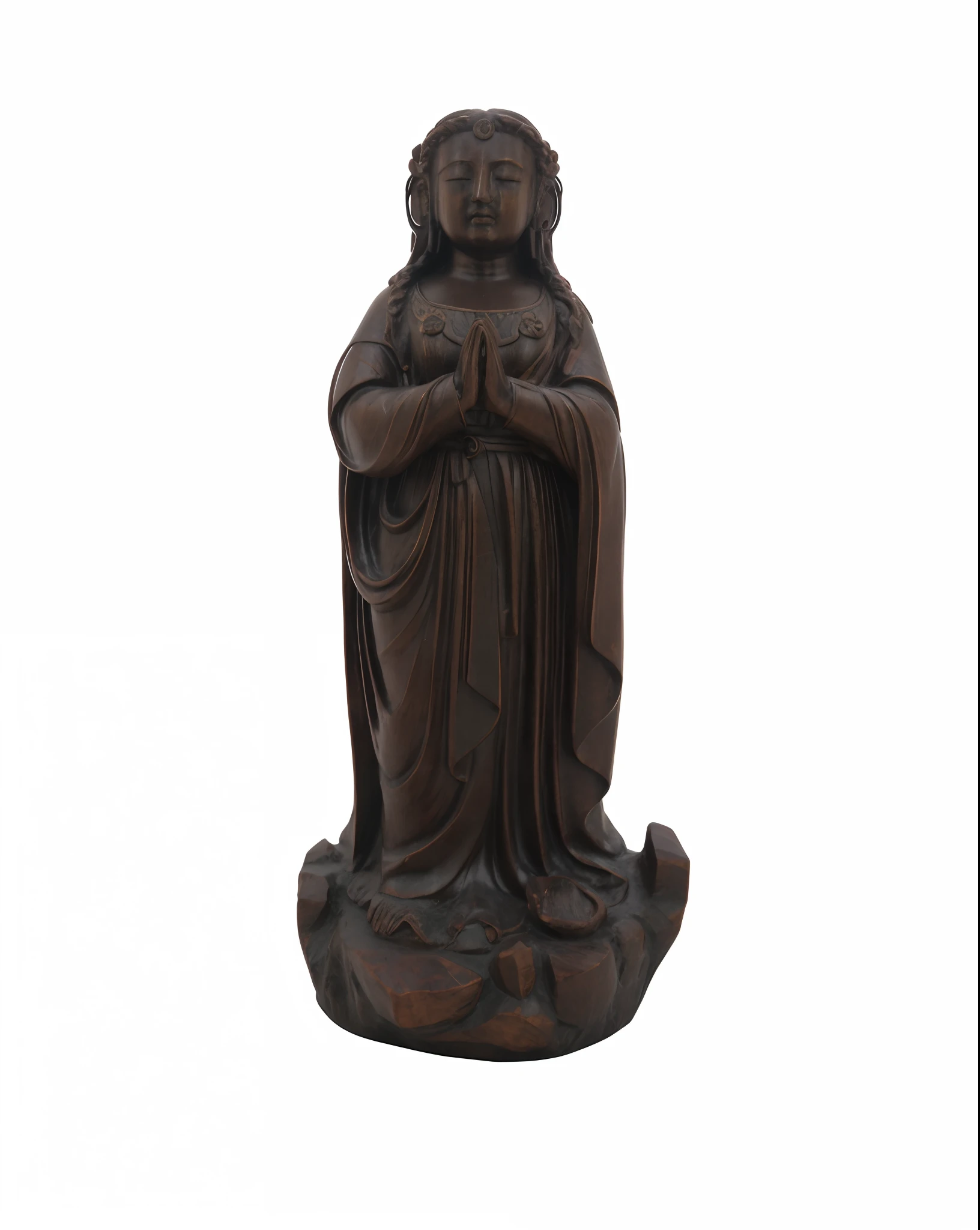 statue of a woman, Guanyin, Guanyin dos Mares do Sul, escultura religiosa, resin statue, contented female bodhisattva, wooden statue, baixa estatura, Virgem Maria, hand carved brown resin, majestosa mulher de santo, vista frontal completa, medium wide front shot, ceramic statue, cranberry statue, Lightroom, Filmes 35mm, cinemactic, cores esmaecidas, tiro escuro, cores silenciadas, filme granulado, lute, detalhes insanos, detalhes intrincados, hiperdetalhado, 4k