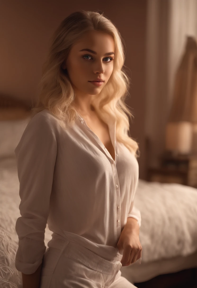 arafed woman fully , sexy girl with blue eyes, ultra realistic, meticulously detailed, portrait sophie mudd, blonde hair and large eyes, hispanic, selfie of a young woman, bedroom eyes, violet myers, without makeup, natural makeup, looking directly at the camera, face with artgram, subtle makeup, stunning full body shot kneeling on bed, in bedroom, medium to large size bust;