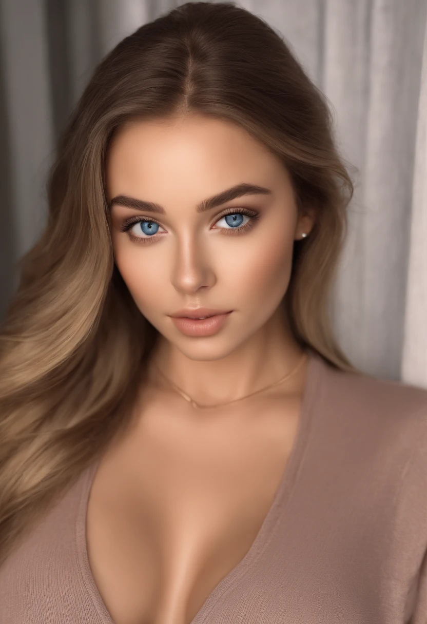 arafed woman fully , sexy girl with blue eyes, ultra realistic, meticulously detailed, portrait sophie mudd, blonde hair and large eyes, hispanic, selfie of a young woman, bedroom eyes, violet myers, without makeup, natural makeup, looking directly at the camera, face with artgram, subtle makeup, stunning full body shot kneeling on bed, in bedroom, medium to large size bust;