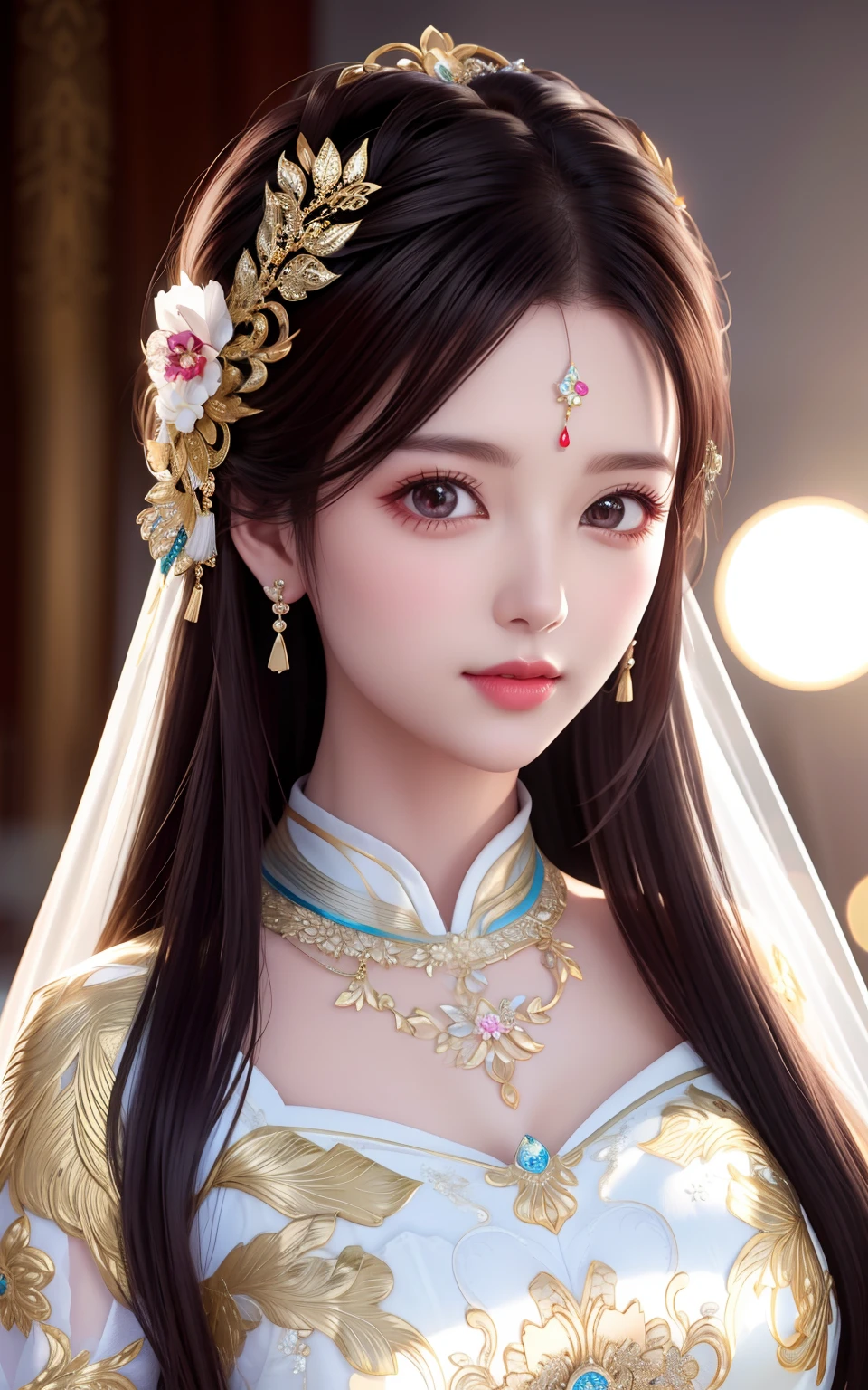 best quality, masterpiece, highres, 1girl,china wedding dress,hair ornament,necklace, jewelry,Beautiful face,upon_body, tyndall effect,photorealistic, dark studio, rim lighting, two tone lighting,(high detailed skin:1.2), 8k uhd, dslr, soft lighting, high quality, volumetric lighting, candid, Photograph, high resolution, 4k, 8k, Bokeh
