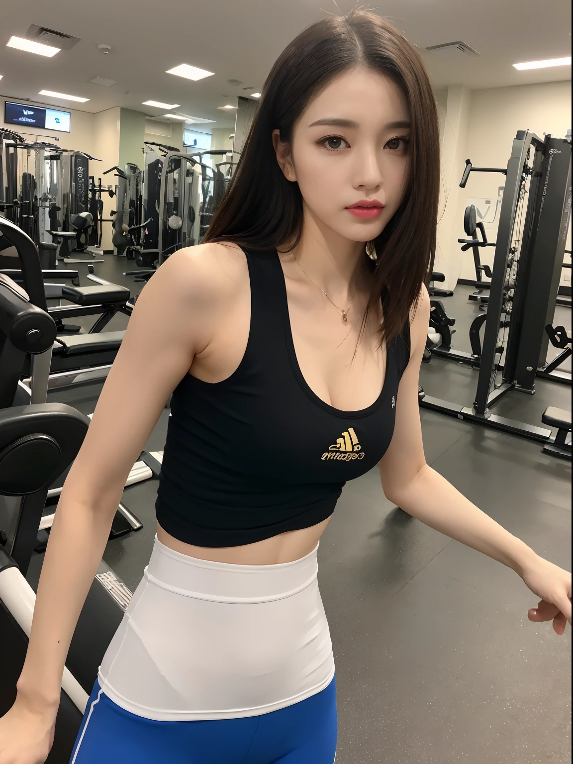 ((Need, 8K, tmasterpiece:1.3,Exquisite and perfect facial features)), full bodyesbian, Long legs, Focalors:1.2, perfect figure beautiful woman:1.4, Yoga attire，Stylish sports-style clothing，vests，shorter pants，long trousers，Inside the gym