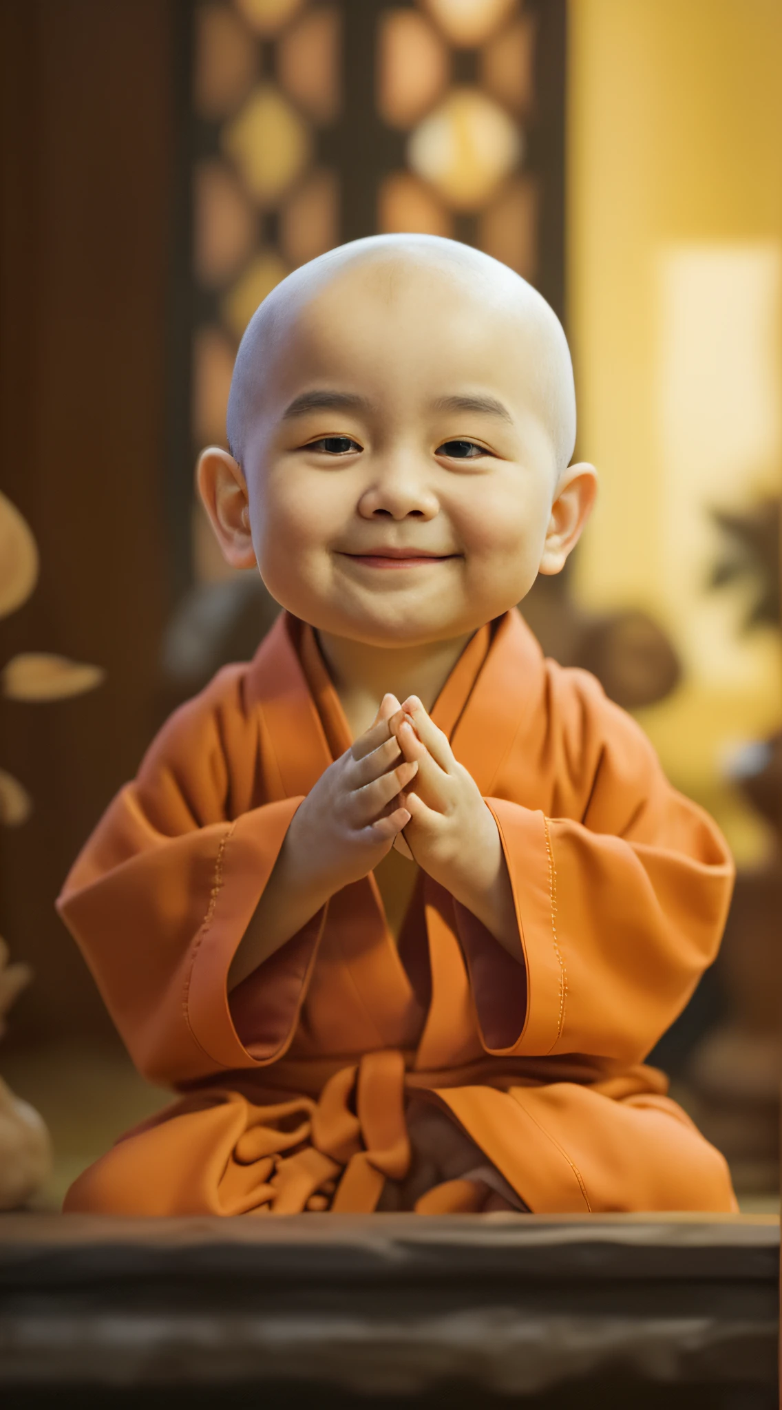 A young monk dressed in a monk's robe,had his hands folded,sit with legs crossed,Smile at the camera