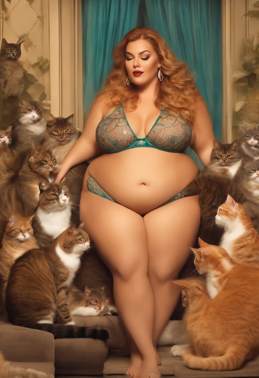 Fat woman in transparent bikini getting licked by cats, huge breasts