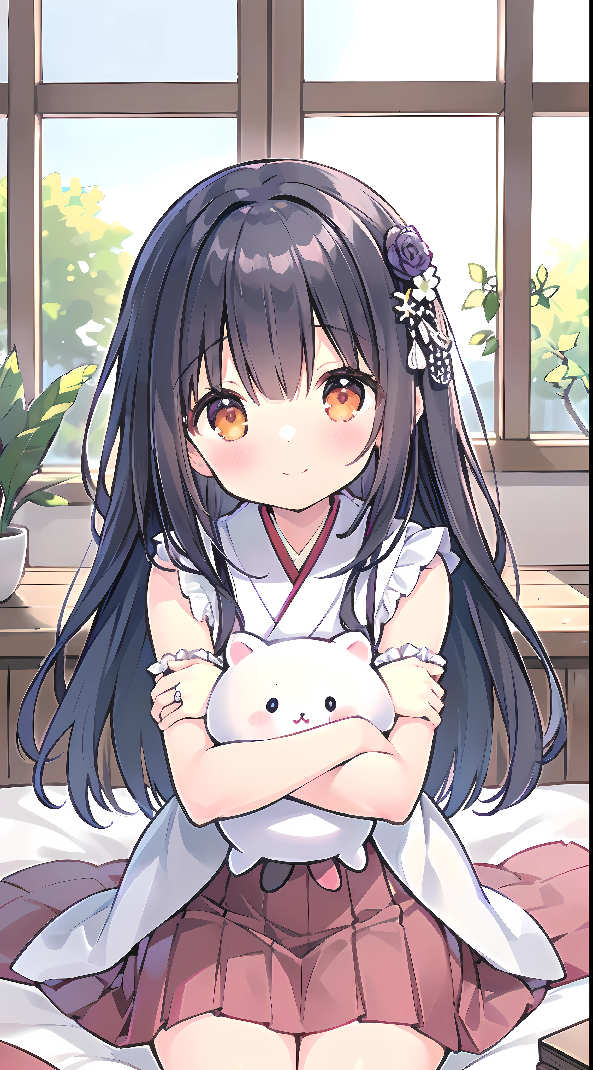 (medium figure girl, motherly, cute and petite girl, big sister aura:1.5), detached sleeve, Married, Japanese bride, loving wife, Wedding, wedding hakama skirt, yamato nadeshiko, 1girl, solo, outdoor, cute japanese model girl, very long hair, floral print, wedding hair ornament, wedding kimono, hakama, bangs, (in the bedroom, sit on knees, lap pillow:1.3), (masterpiece, best quality, HD Pictures, 4K:1.4), gentle eyes, gentle look to viewer, gentle smile, gentle eyes, mature looking, pinkish cheeks, very detailed eyes, very detailed pupils, very detailed hair, furisode, flower head accesories, from front pov, detailed face, full body, look up to viewer, leaning forward to viewer, detailed long black hair, (open arms for viewer, want to hug viewer, blushing red cheeks:1.5)