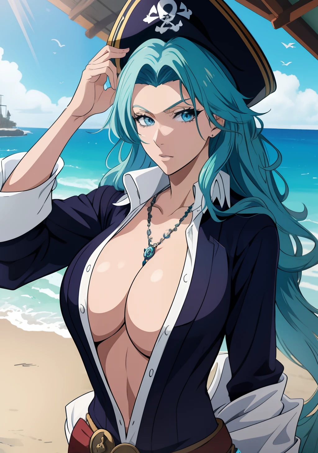 Big tits, shirt, 1girl, aqua hair color, blue eyes, pirates coat, pirates hat, cleavage, intrincate details, detailed, masterpiece, best quality, 4K, HDR, mermaid