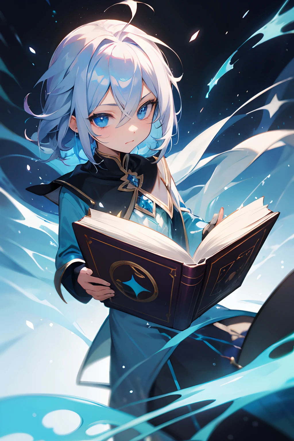 silber hair,magia,blue eyess,attacking magic,Fantasia,Ice Magic,Having a book,Shota,shoun,