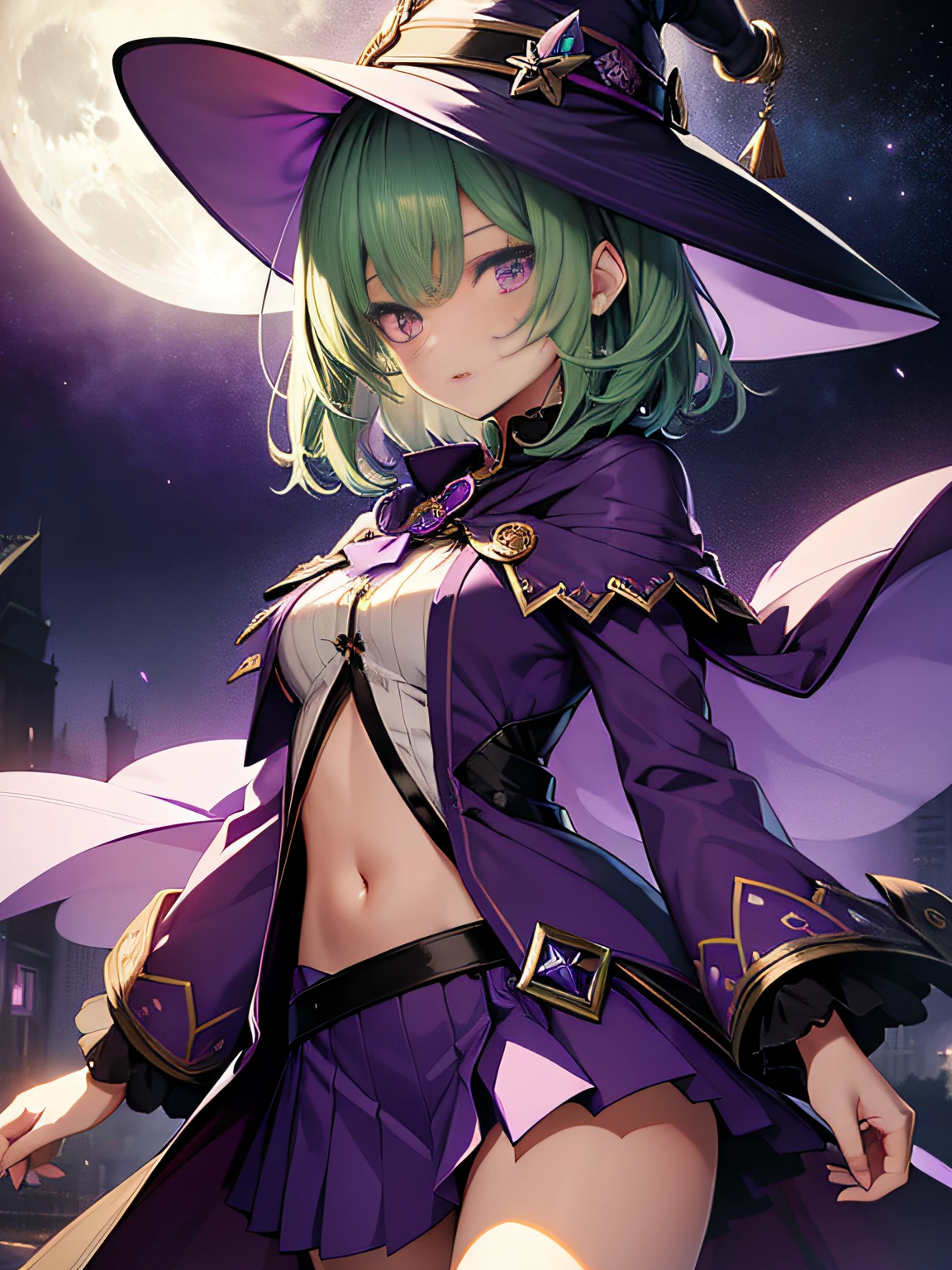 top-quality、extremely delicate and beautiful、(A girl)、Purple Eye、Green hair、short-haired、(purple witch hat)、Purple tie、Soio、shortsleeves、Purple skirt、Purple Wizard Robe、Navel、is standing、Full moon night on background